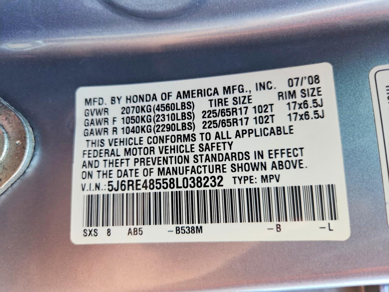2008 Honda Cr-v Ex Turquoise vin: 5J6RE48558L038232