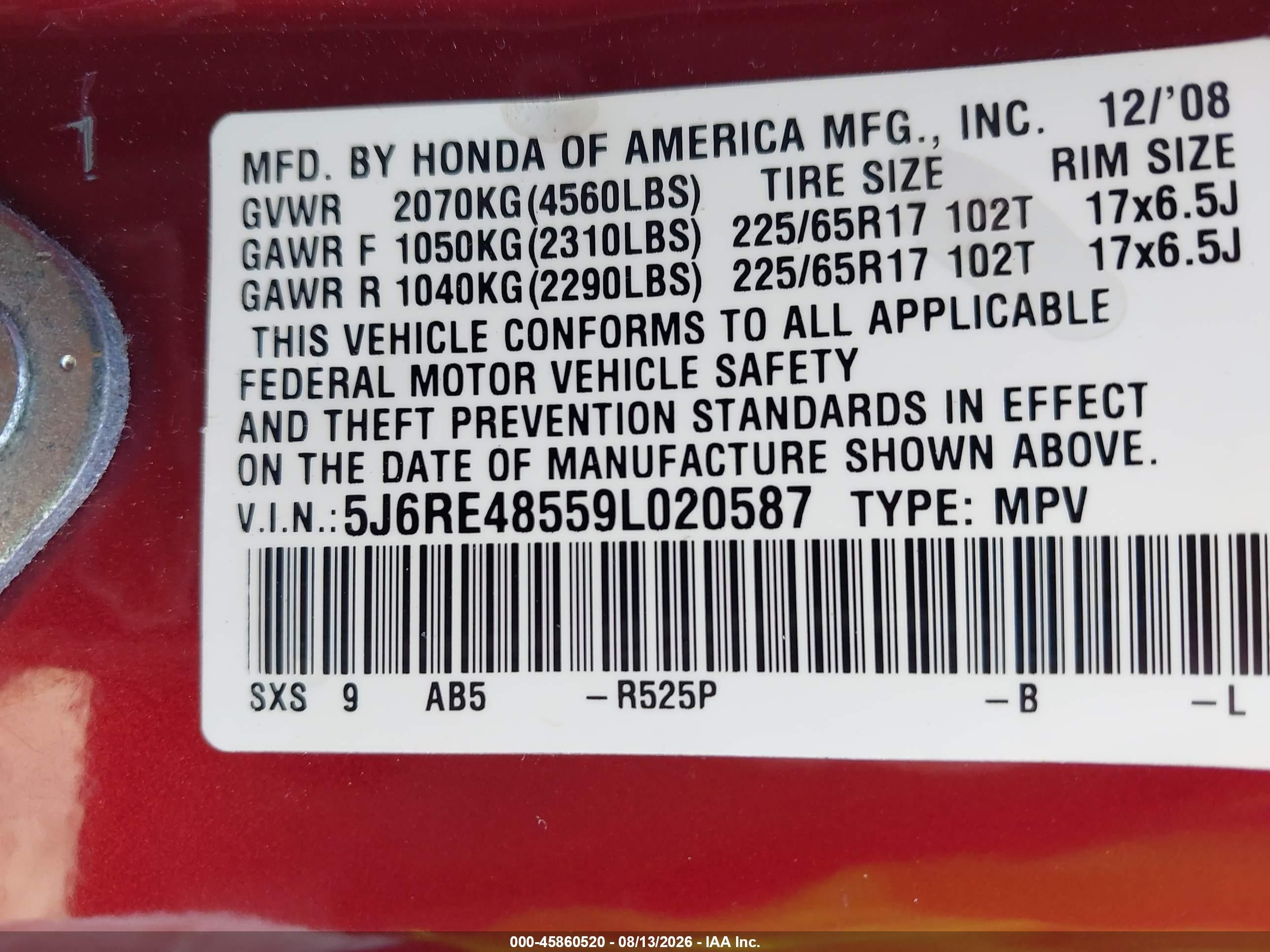 2009 Honda Cr-v Ex Maroon vin: 5J6RE48559L020587