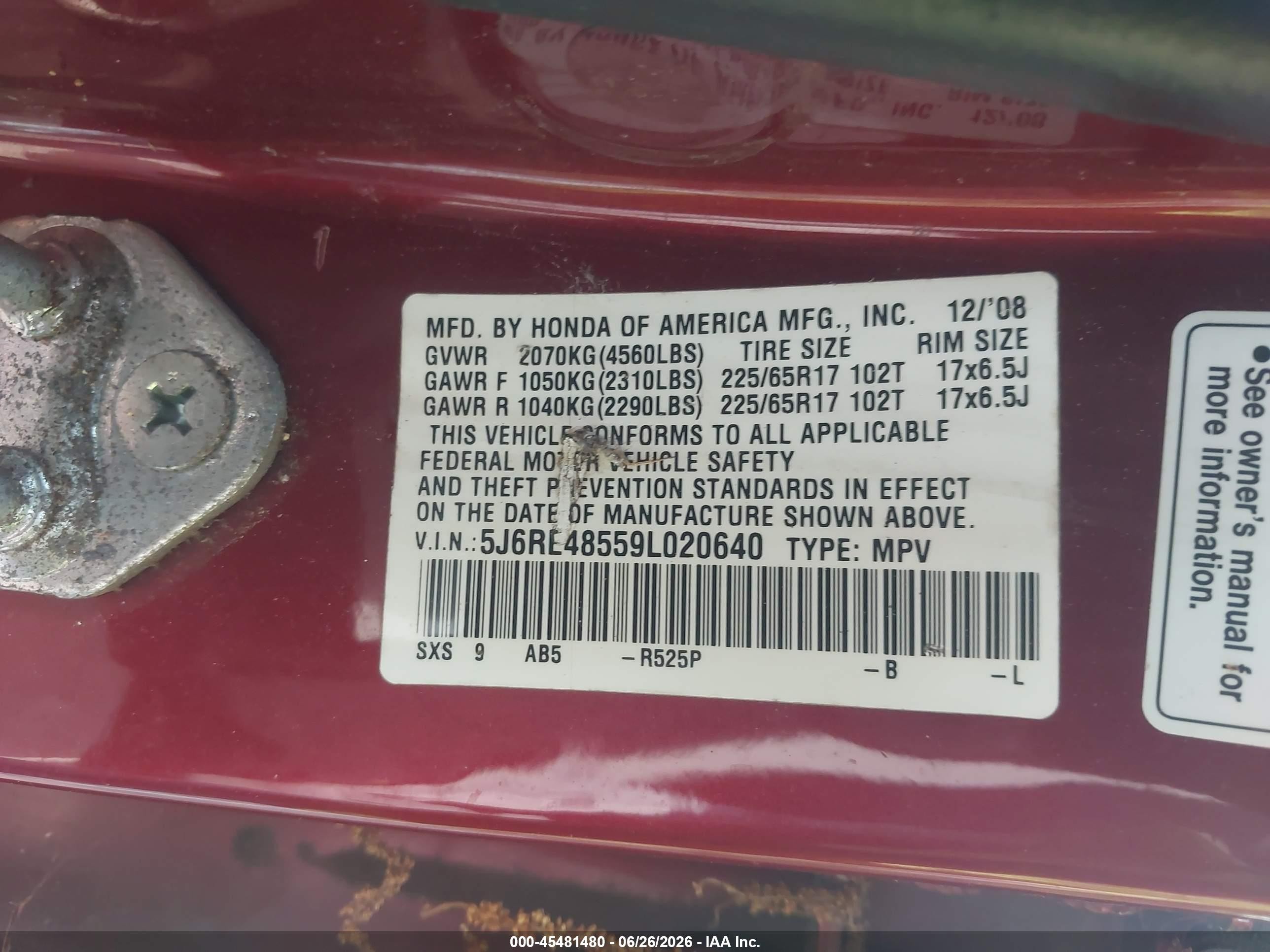 2009 Honda Cr-v Ex Красный vin: 5J6RE48559L020640