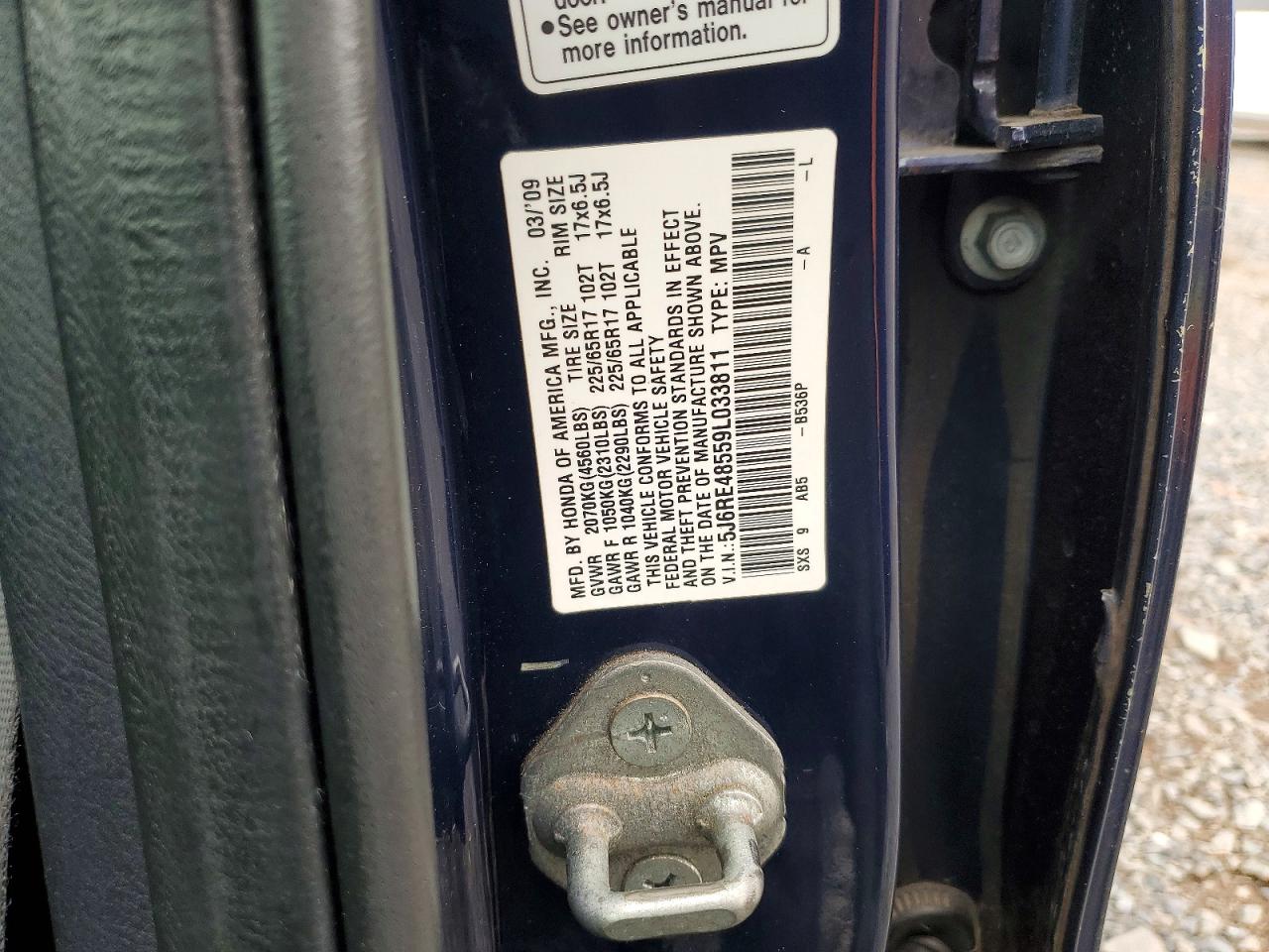 2009 Honda Cr-v Ex Blue vin: 5J6RE48559L033811