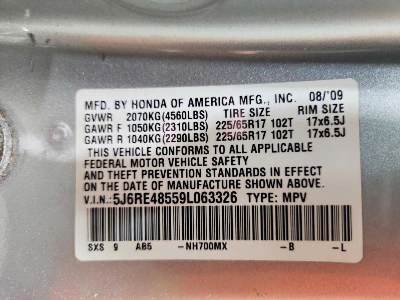 2009 Honda Cr-v Ex Silver vin: 5J6RE48559L063326