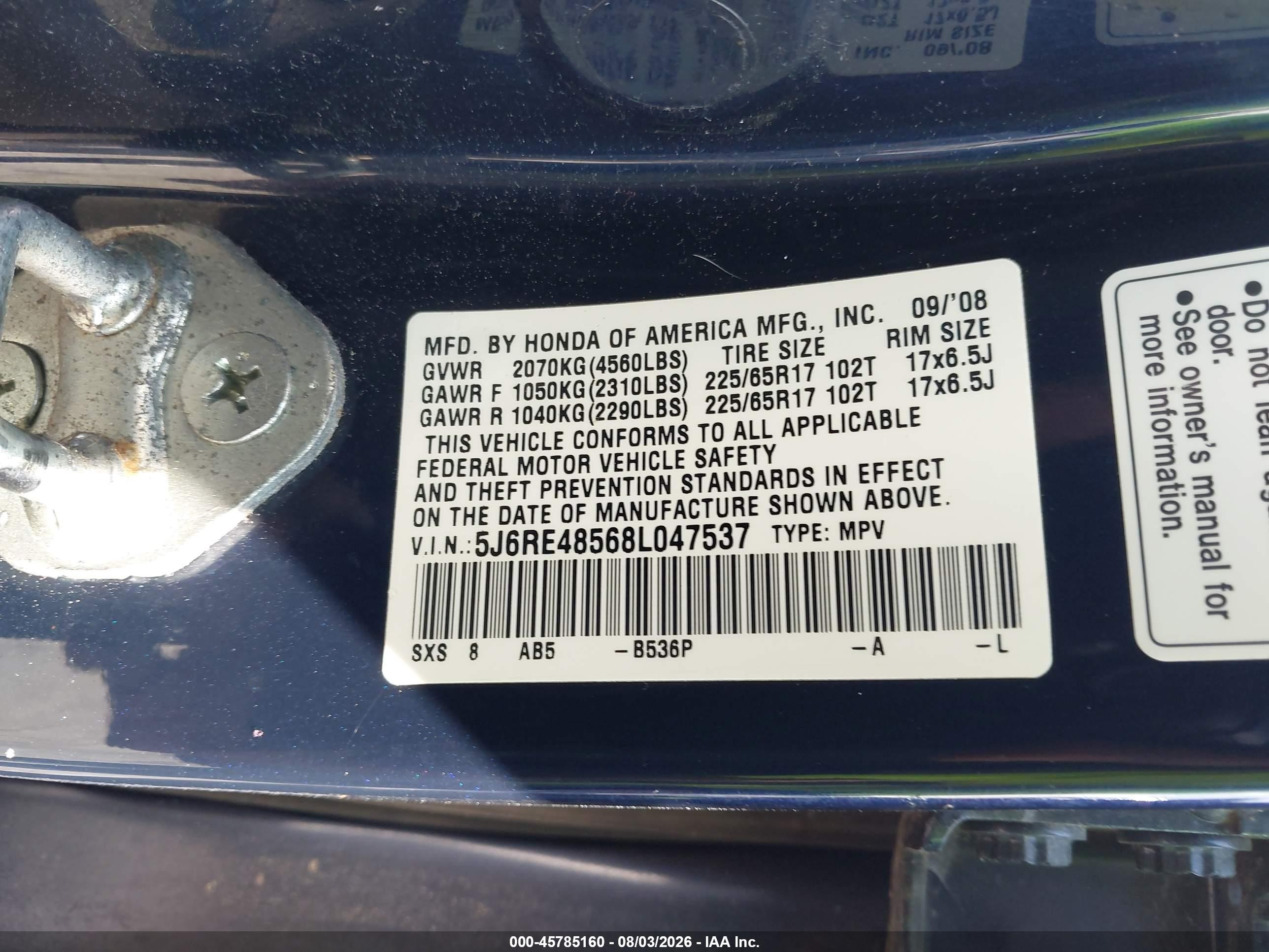 2008 Honda Cr-v Ex Blue vin: 5J6RE48568L047537