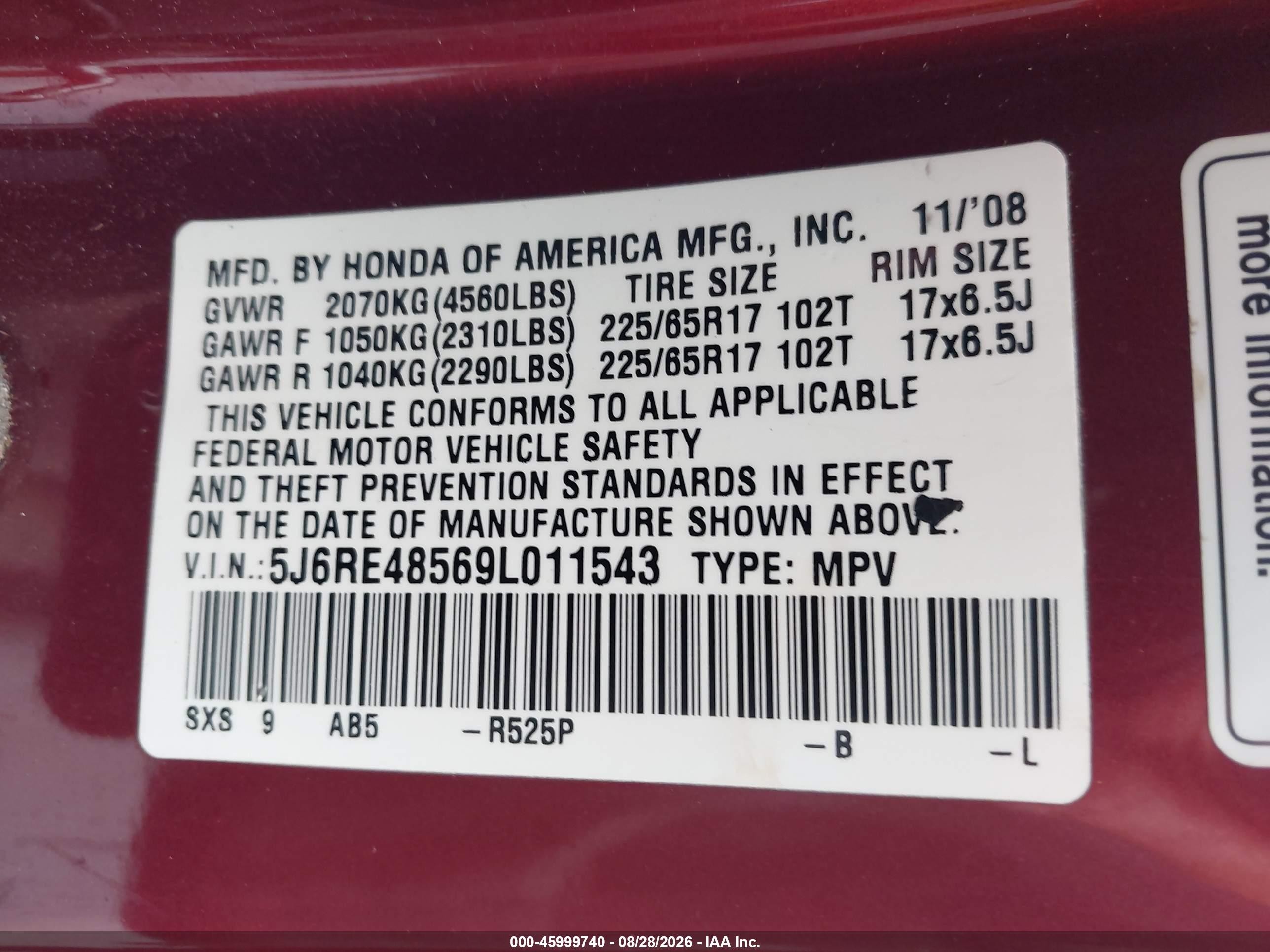 2009 Honda Cr-v Ex Maroon vin: 5J6RE48569L011543