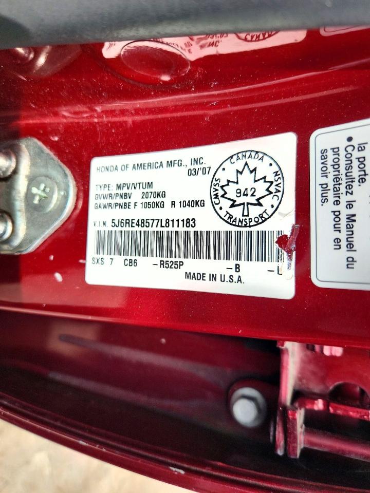 2007 Honda Cr-v Ex Red vin: 5J6RE48577L811183