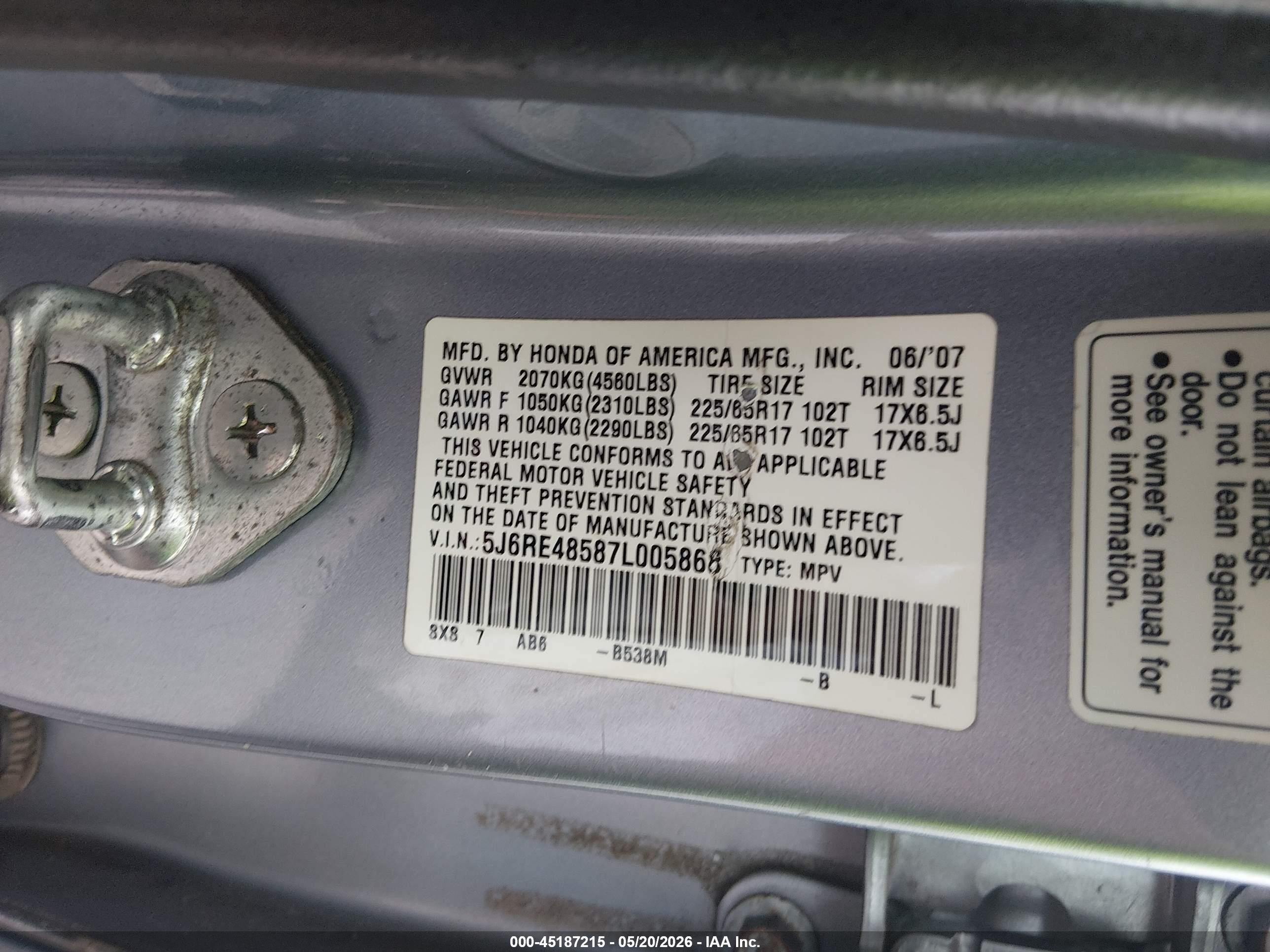 2007 Honda Cr-v Ex Blue vin: 5J6RE48587L005868