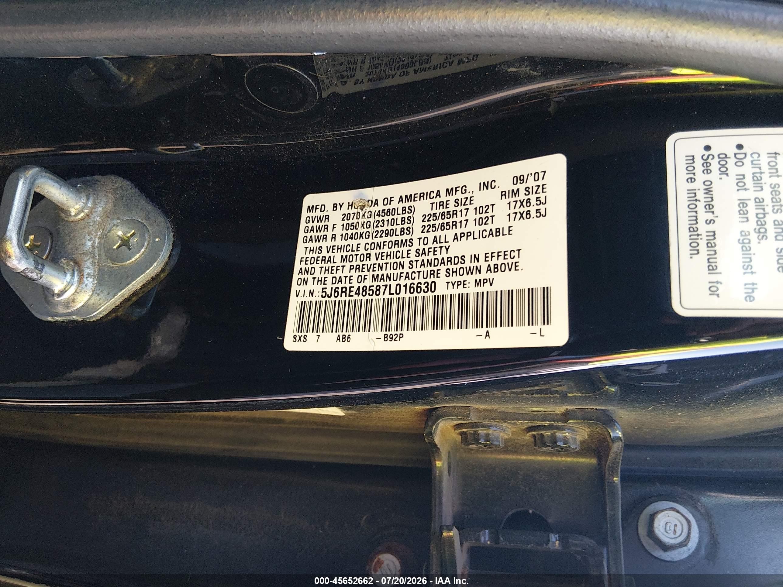 2007 Honda Cr-v Ex Black vin: 5J6RE48587L016630