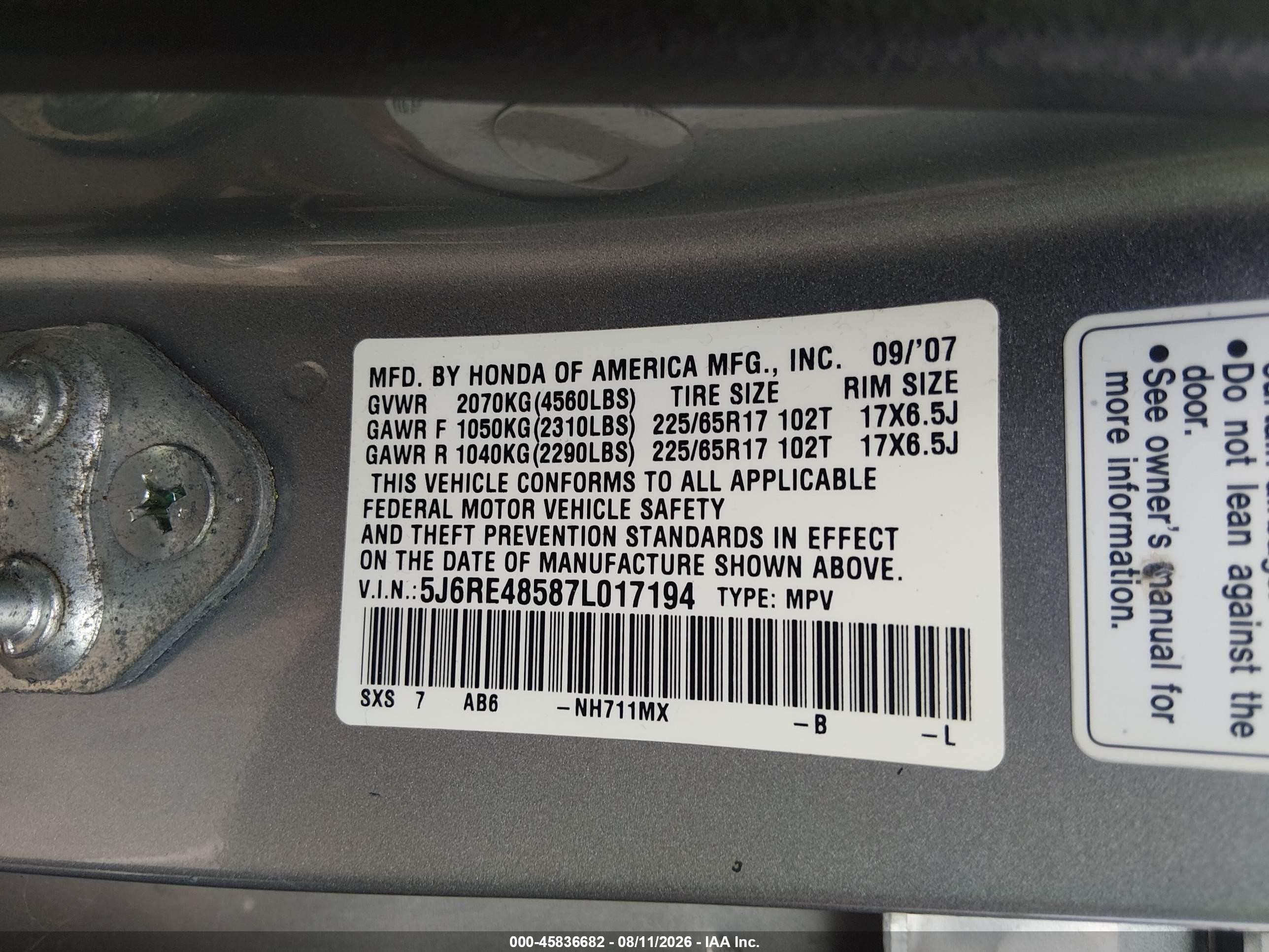 2007 Honda Cr-v Ex Серебряный vin: 5J6RE48587L017194