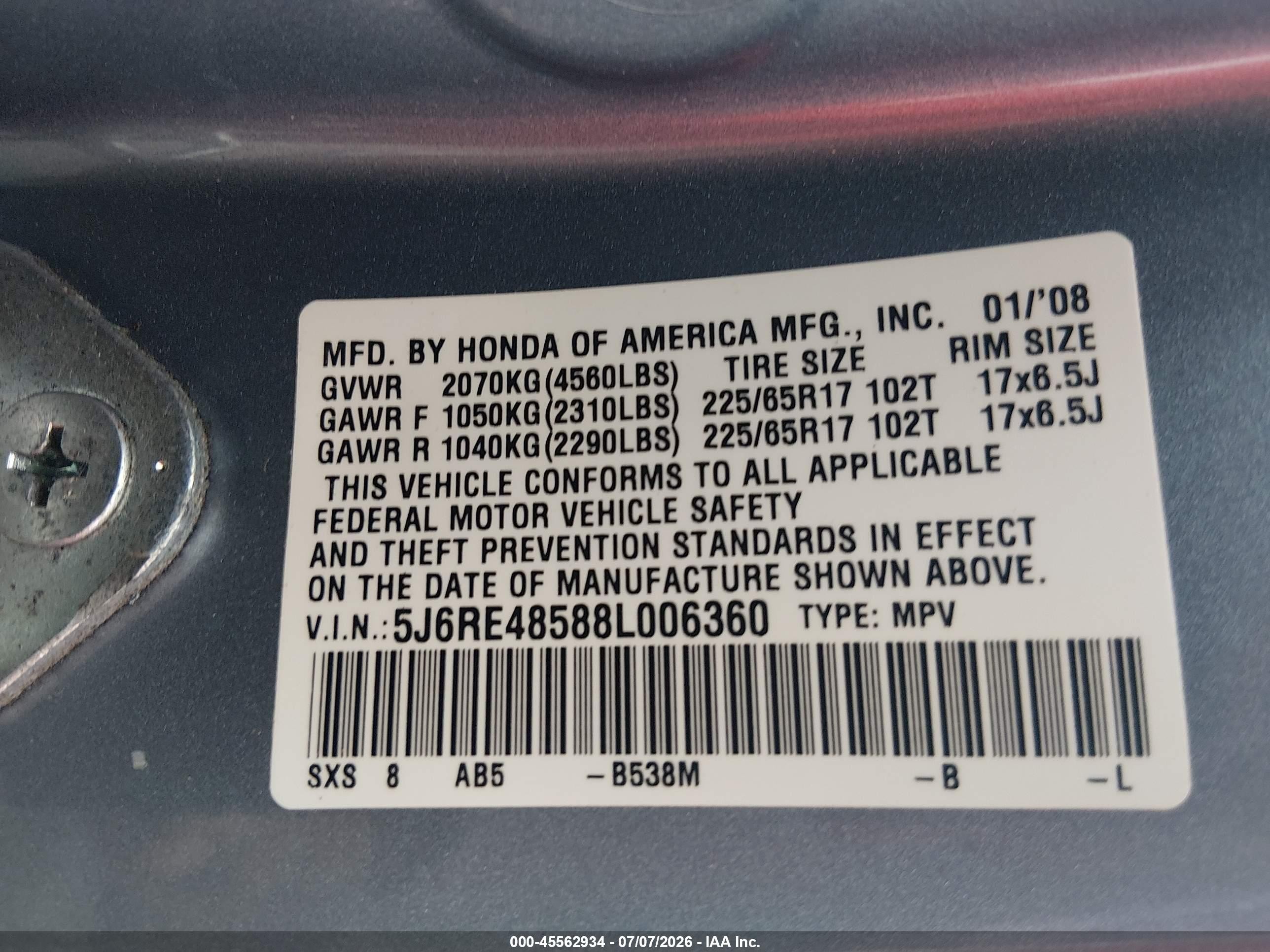 2008 Honda Cr-v Ex Teal vin: 5J6RE48588L006360
