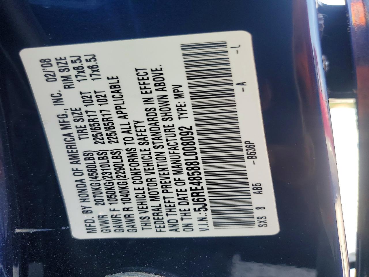 2008 Honda Cr-v Ex Blue vin: 5J6RE48588L008092
