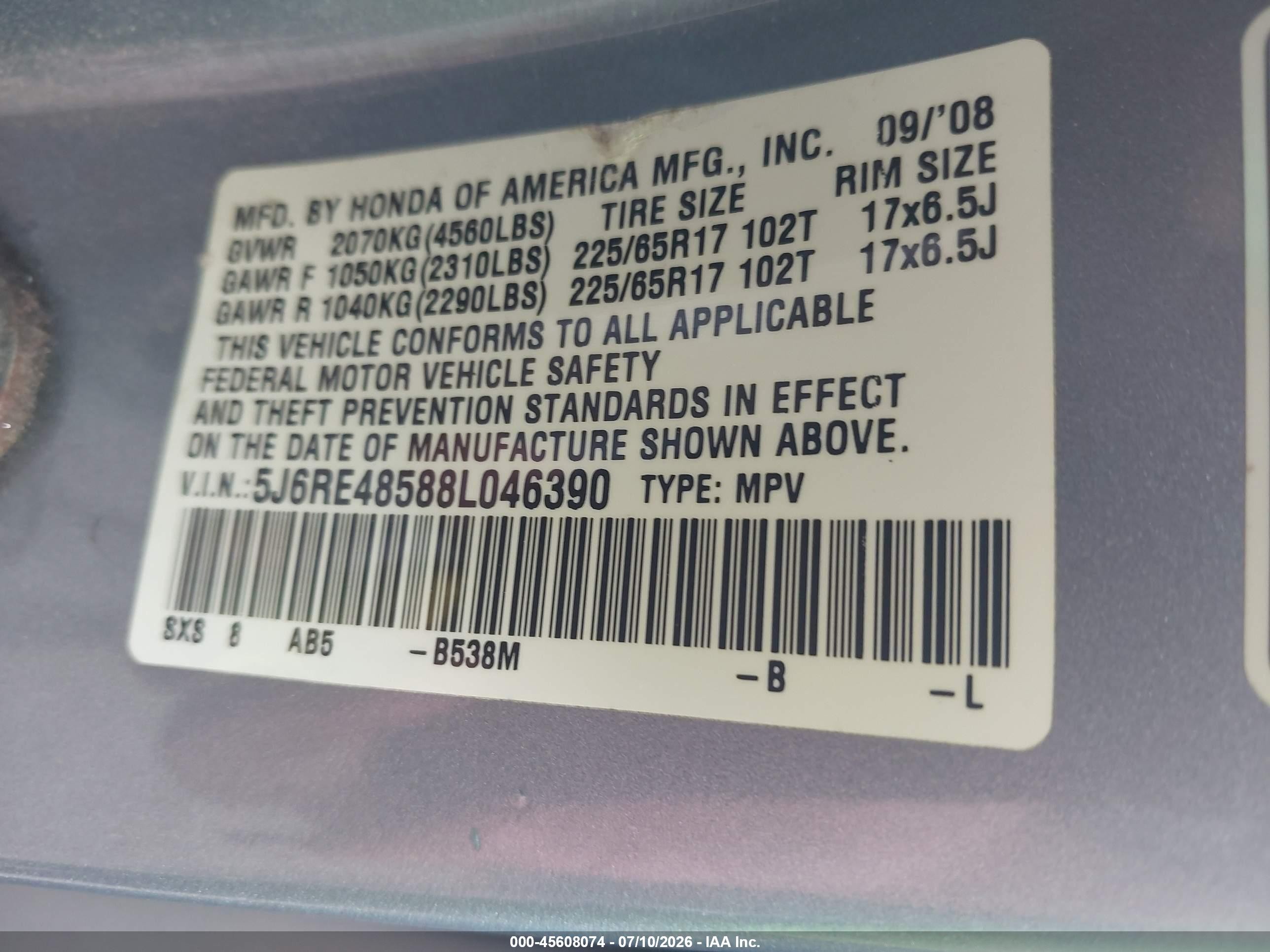 2008 Honda Cr-v Ex Teal vin: 5J6RE48588L046390