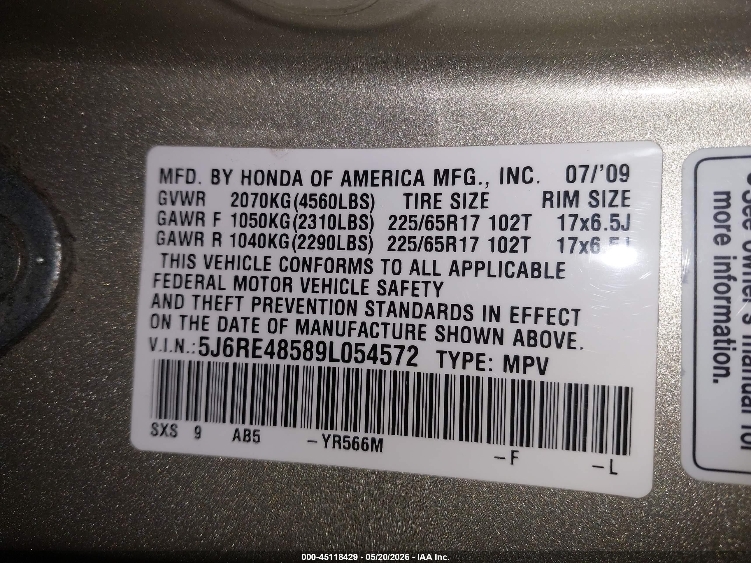2009 Honda Cr-v Ex Gold vin: 5J6RE48589L054572