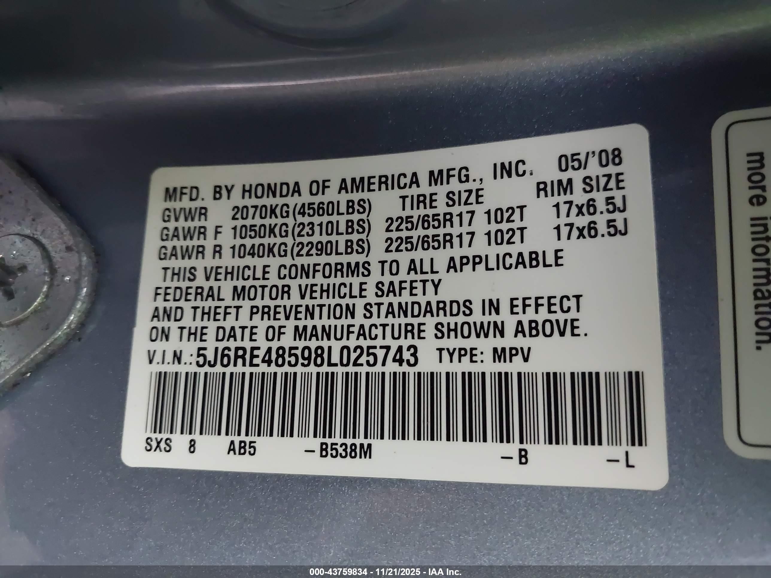 2008 Honda Cr-v Ex Light Blue vin: 5J6RE48598L025743