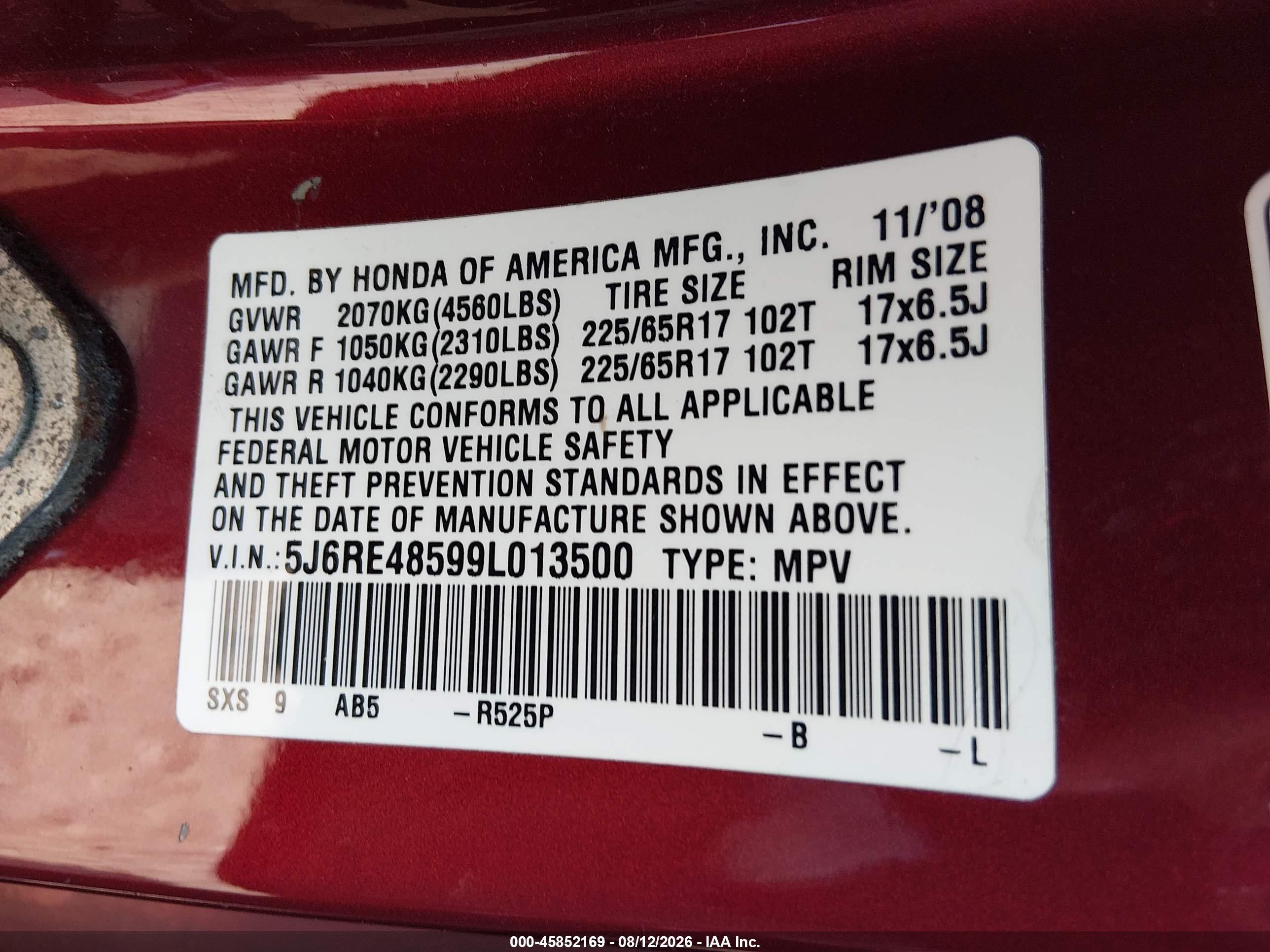 2009 Honda Cr-v Ex Red vin: 5J6RE48599L013500