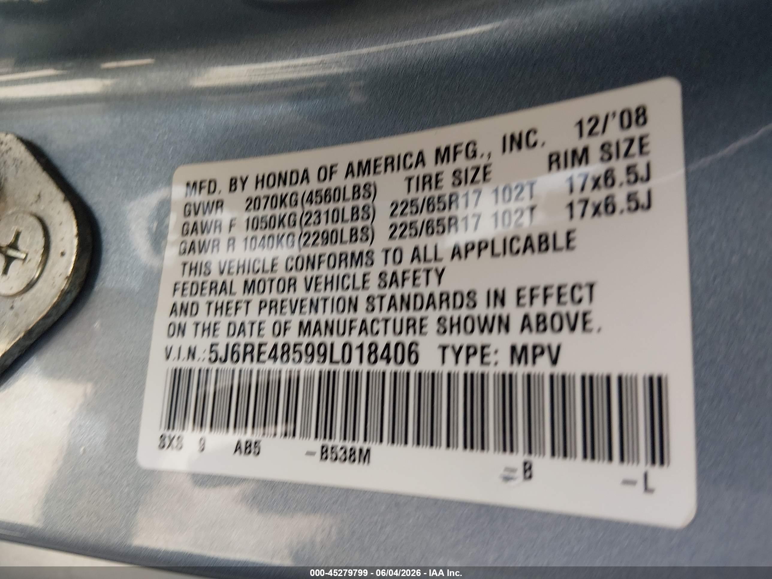 2009 Honda Cr-v Ex Blue vin: 5J6RE48599L018406