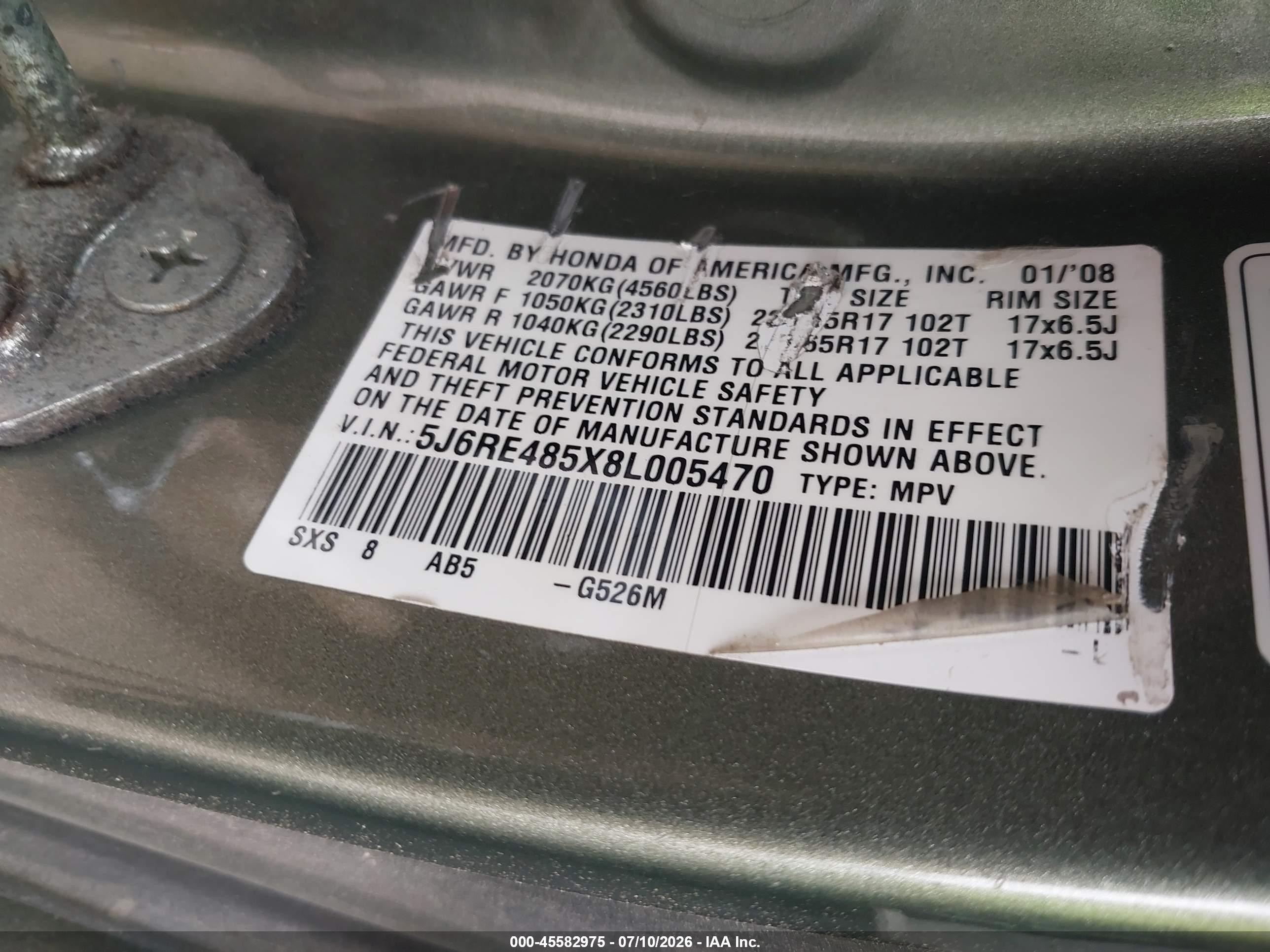 2008 Honda Cr-v Ex Green vin: 5J6RE485X8L005470