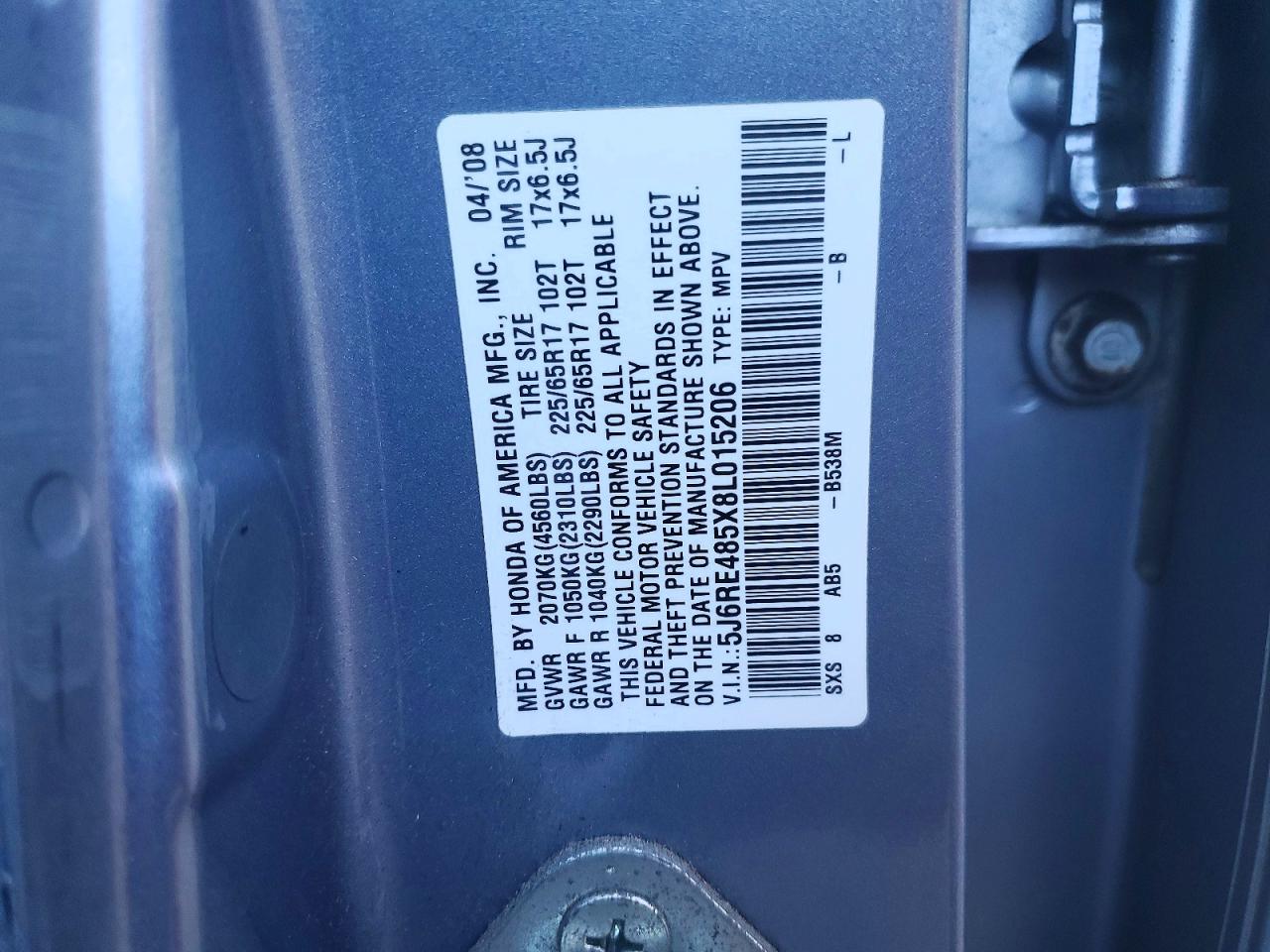 2008 Honda Cr-v Ex Blue vin: 5J6RE485X8L015206
