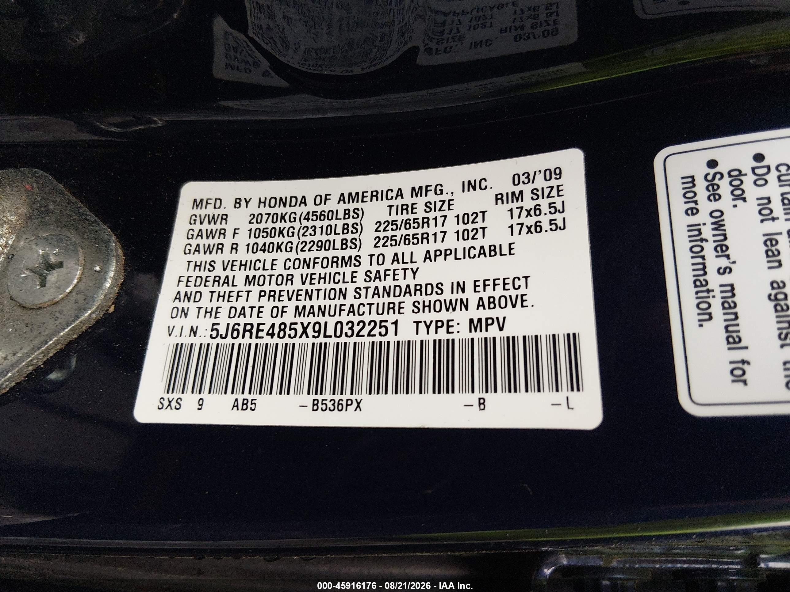 2009 Honda Cr-v Ex Blue vin: 5J6RE485X9L032251