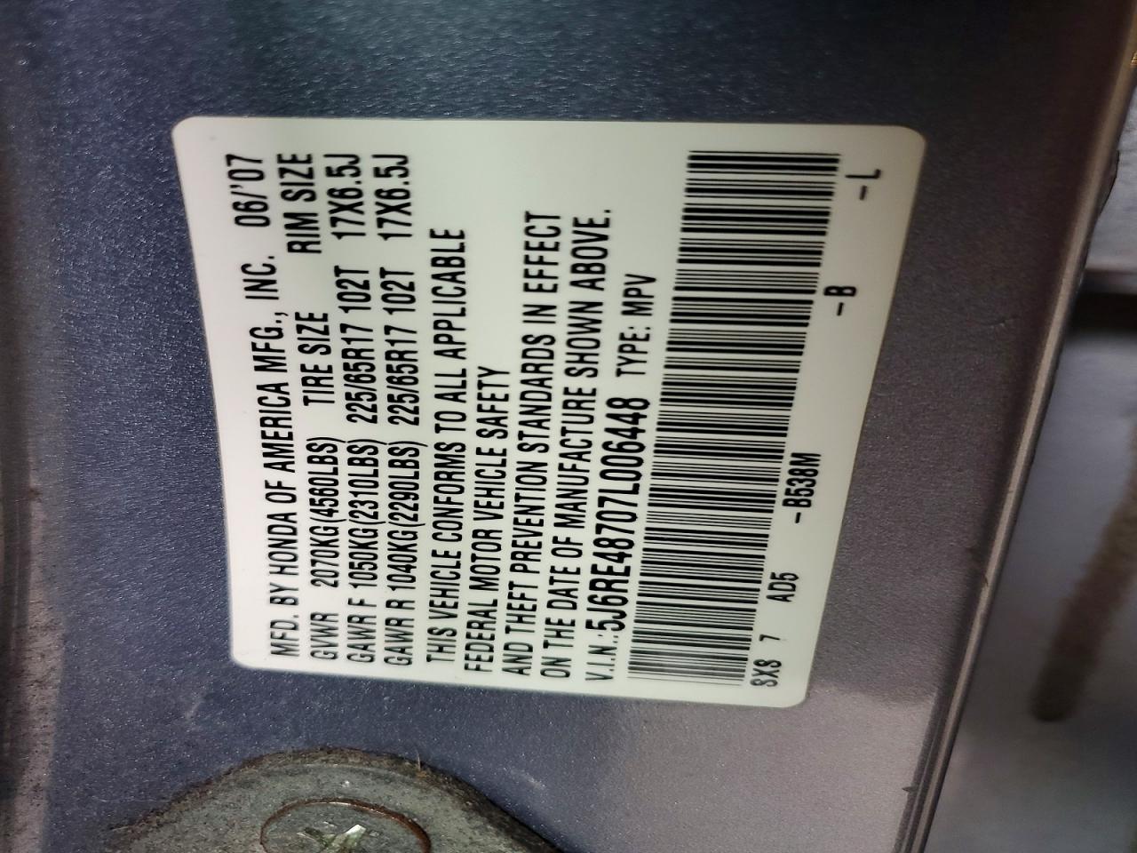2007 Honda Cr-v Exl Blue vin: 5J6RE48707L006448