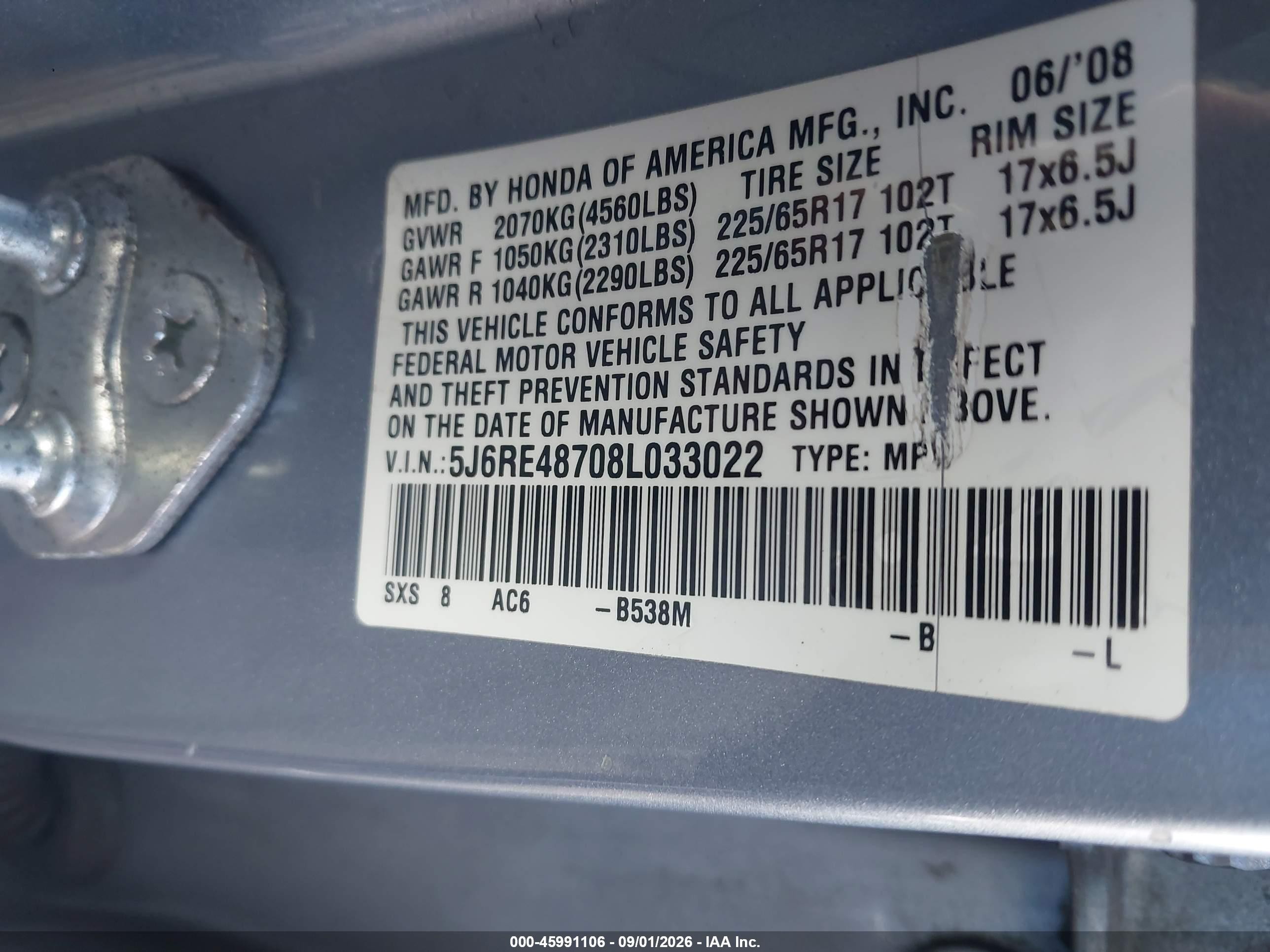 2008 Honda Cr-v Ex-l Light Blue vin: 5J6RE48708L033022