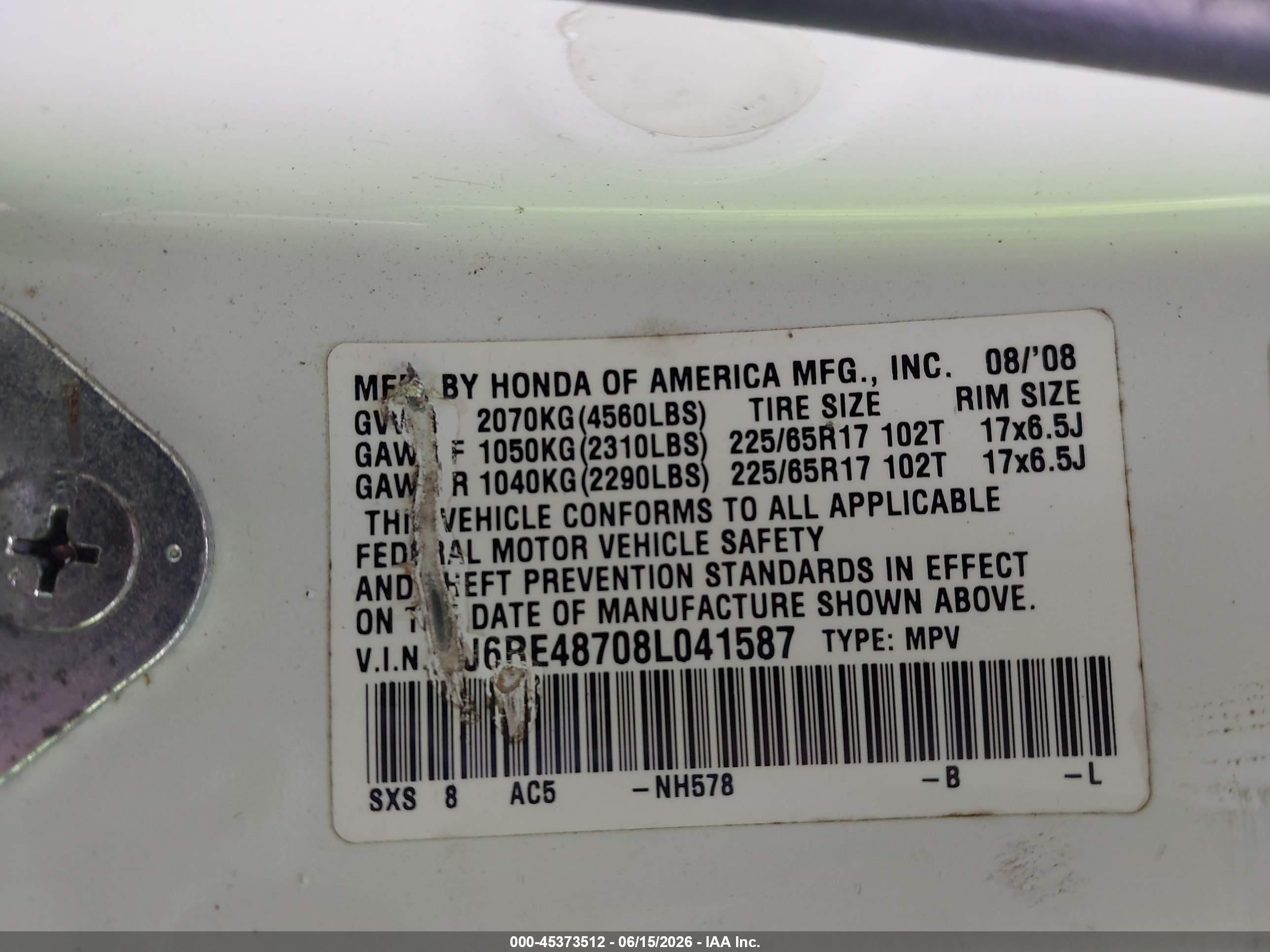 2008 Honda Cr-v Ex-l White vin: 5J6RE48708L041587