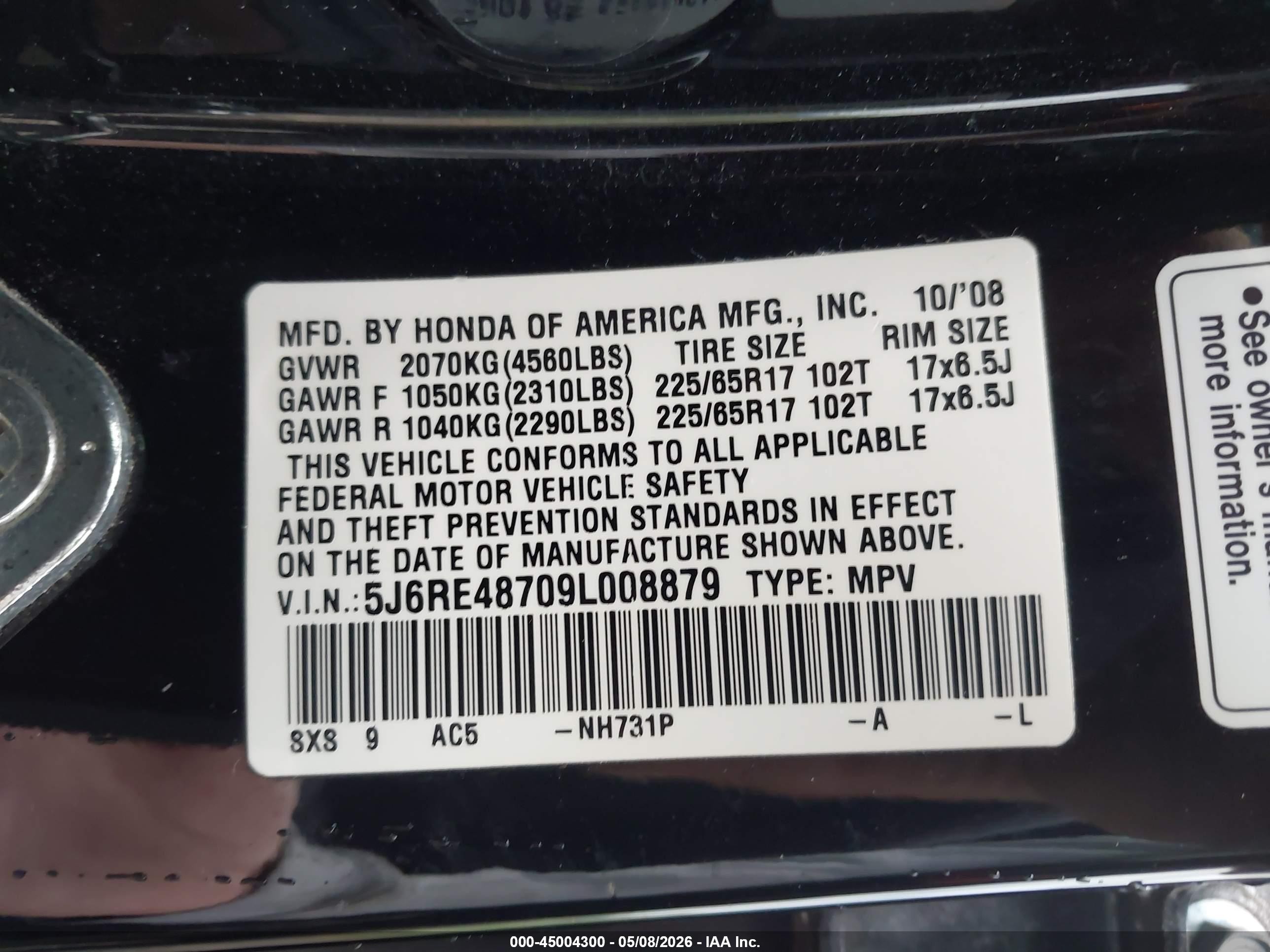 2009 Honda Cr-v Ex-l Черный vin: 5J6RE48709L008879
