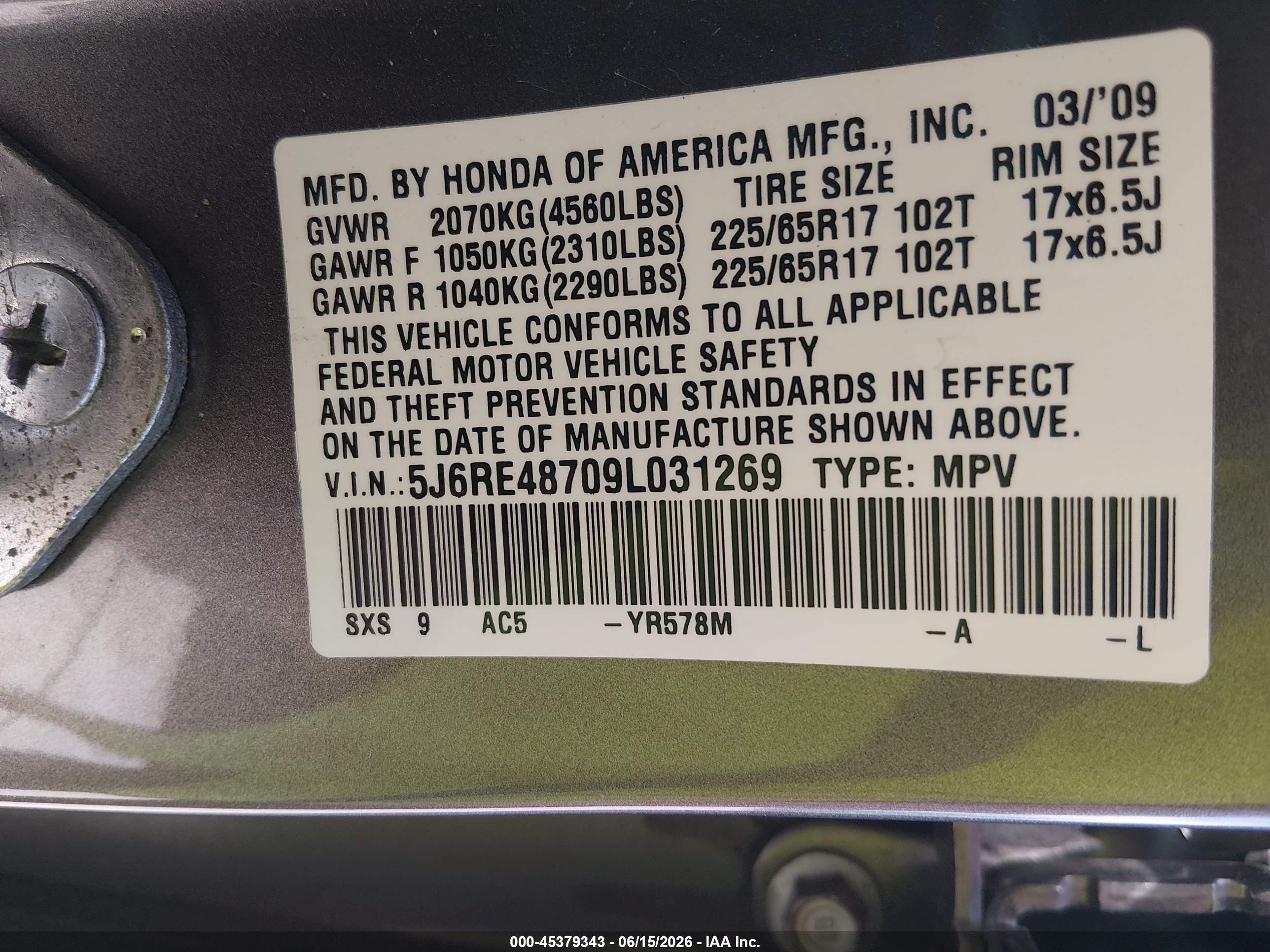 2009 Honda Cr-v Ex-l Pewter vin: 5J6RE48709L031269