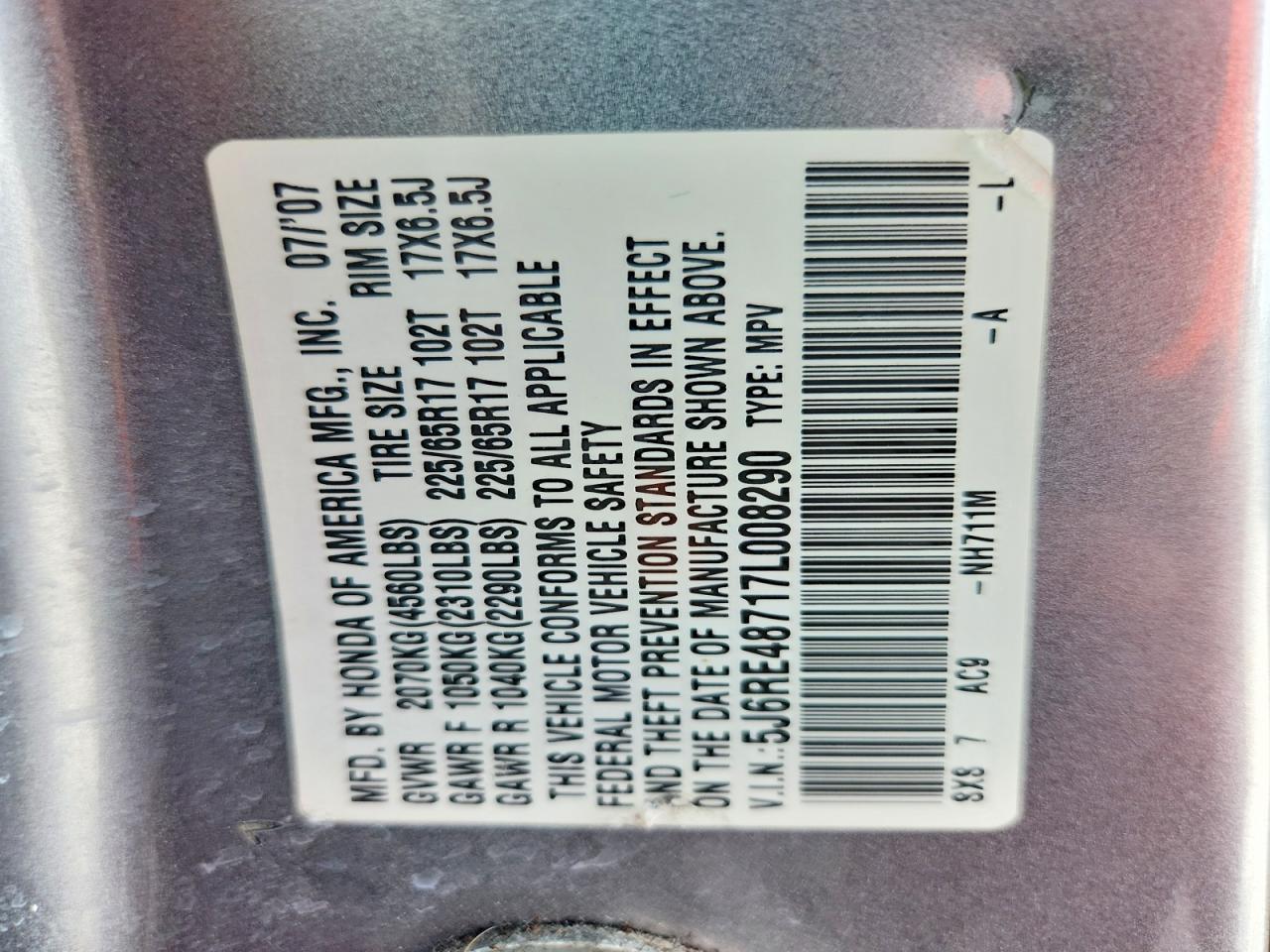 2007 Honda Cr-v Exl Silver vin: 5J6RE48717L008290
