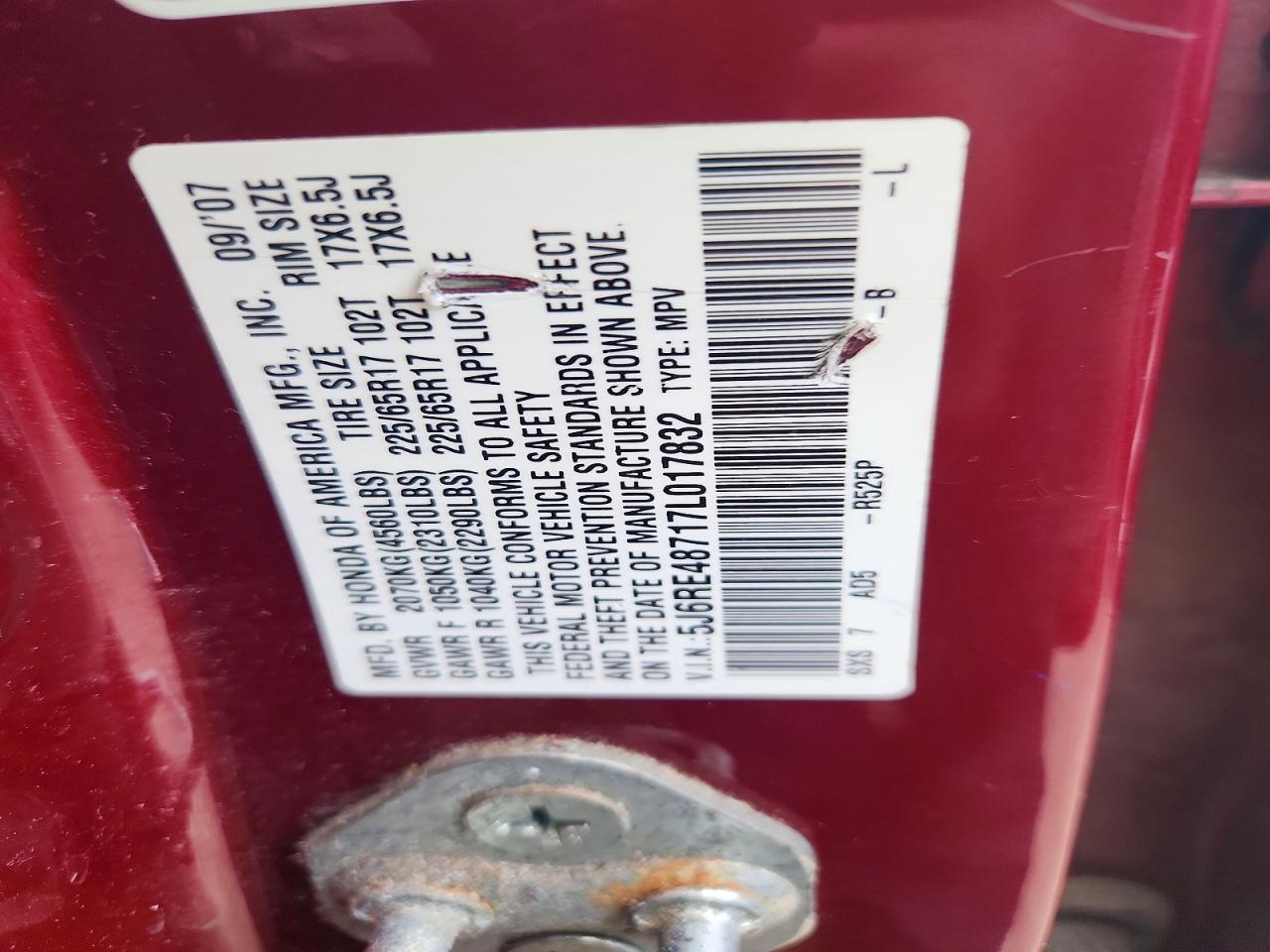2007 Honda Cr-v Exl Maroon vin: 5J6RE48717L017832