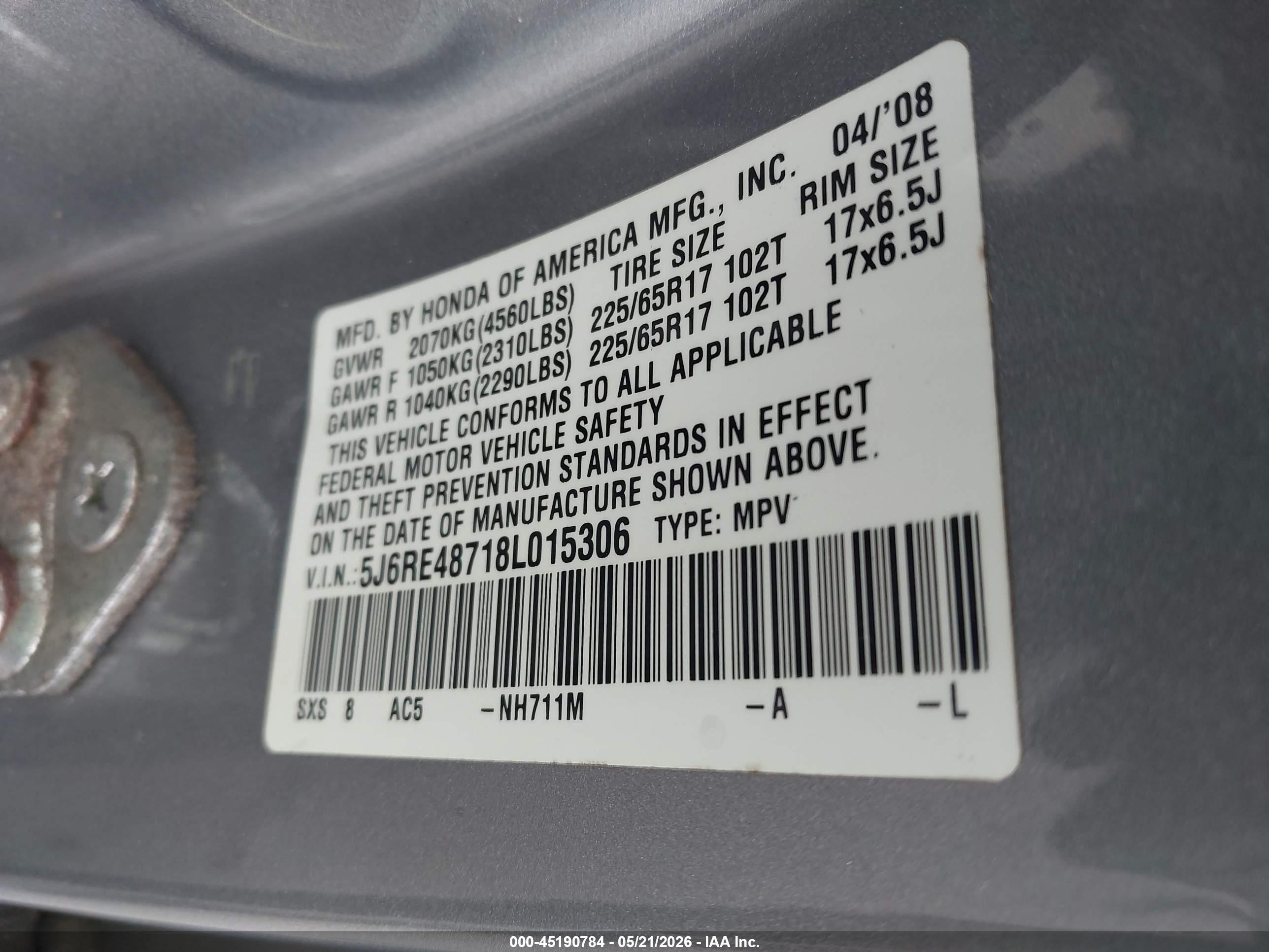 2008 Honda Cr-v Ex-l Silver vin: 5J6RE48718L015306