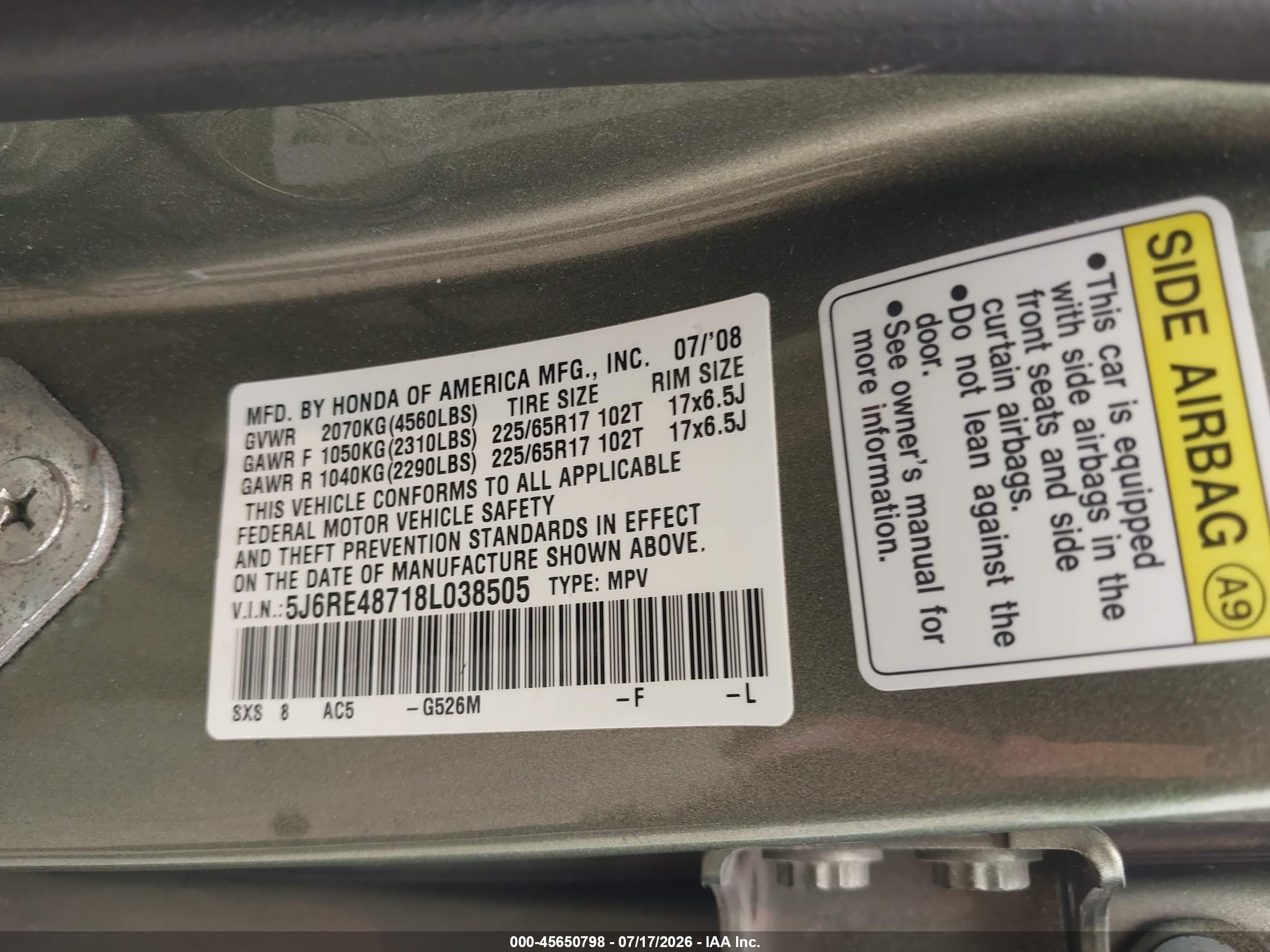 2008 Honda Cr-v Ex-l Green vin: 5J6RE48718L038505