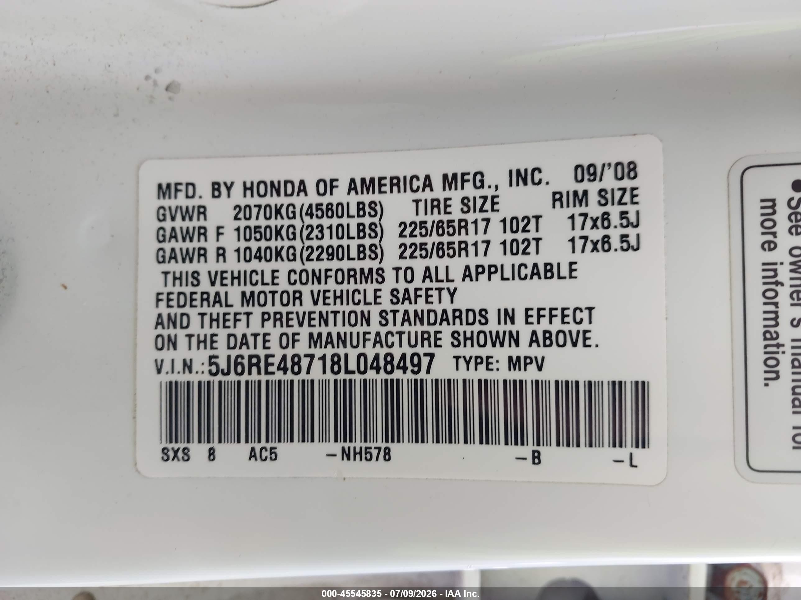 2008 Honda Cr-v Exl White vin: 5J6RE48718L048497