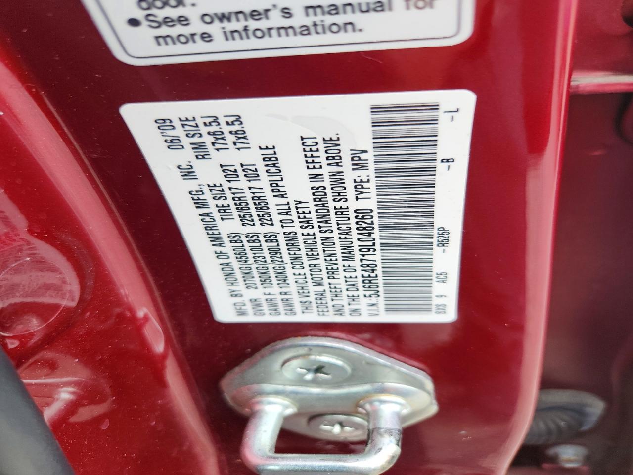 2009 Honda Cr-v Exl Red vin: 5J6RE48719L048260