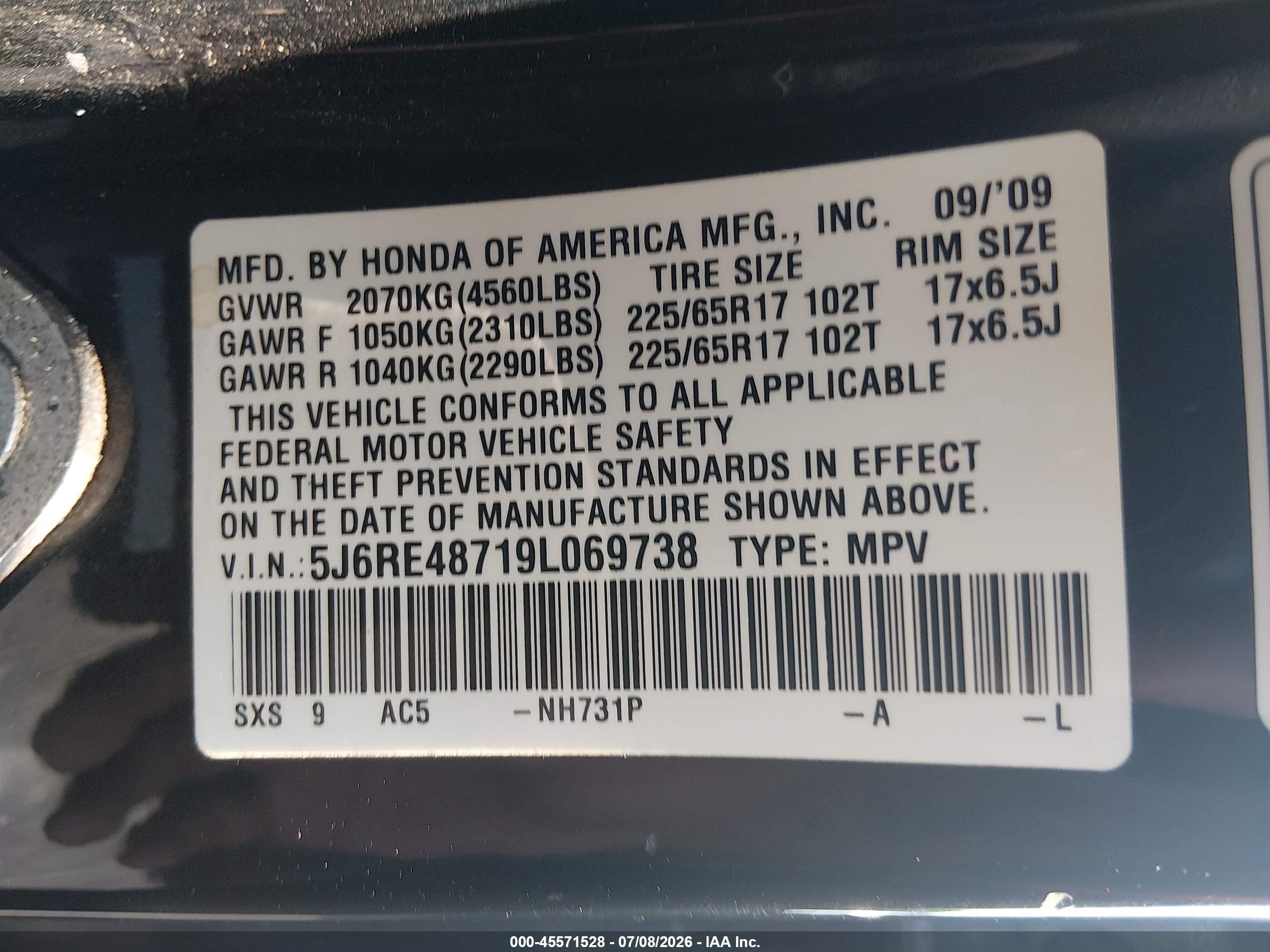 2009 Honda Cr-v Ex-l Black vin: 5J6RE48719L069738