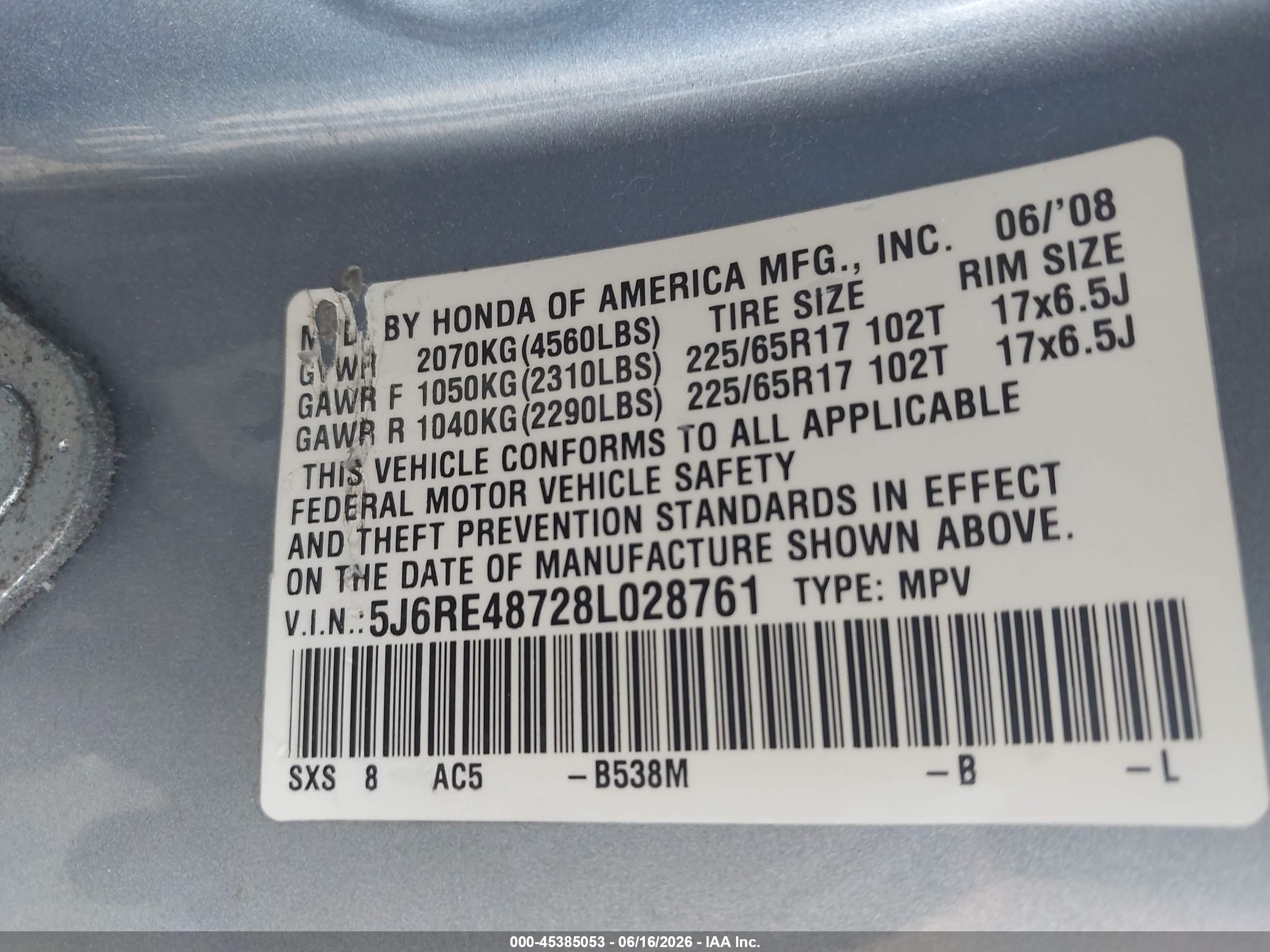 2008 Honda Cr-v Ex-l Light Blue vin: 5J6RE48728L028761