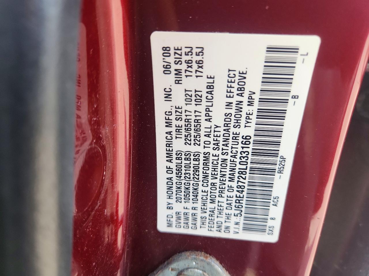 2008 Honda Cr-v Exl Burgundy vin: 5J6RE48728L033166