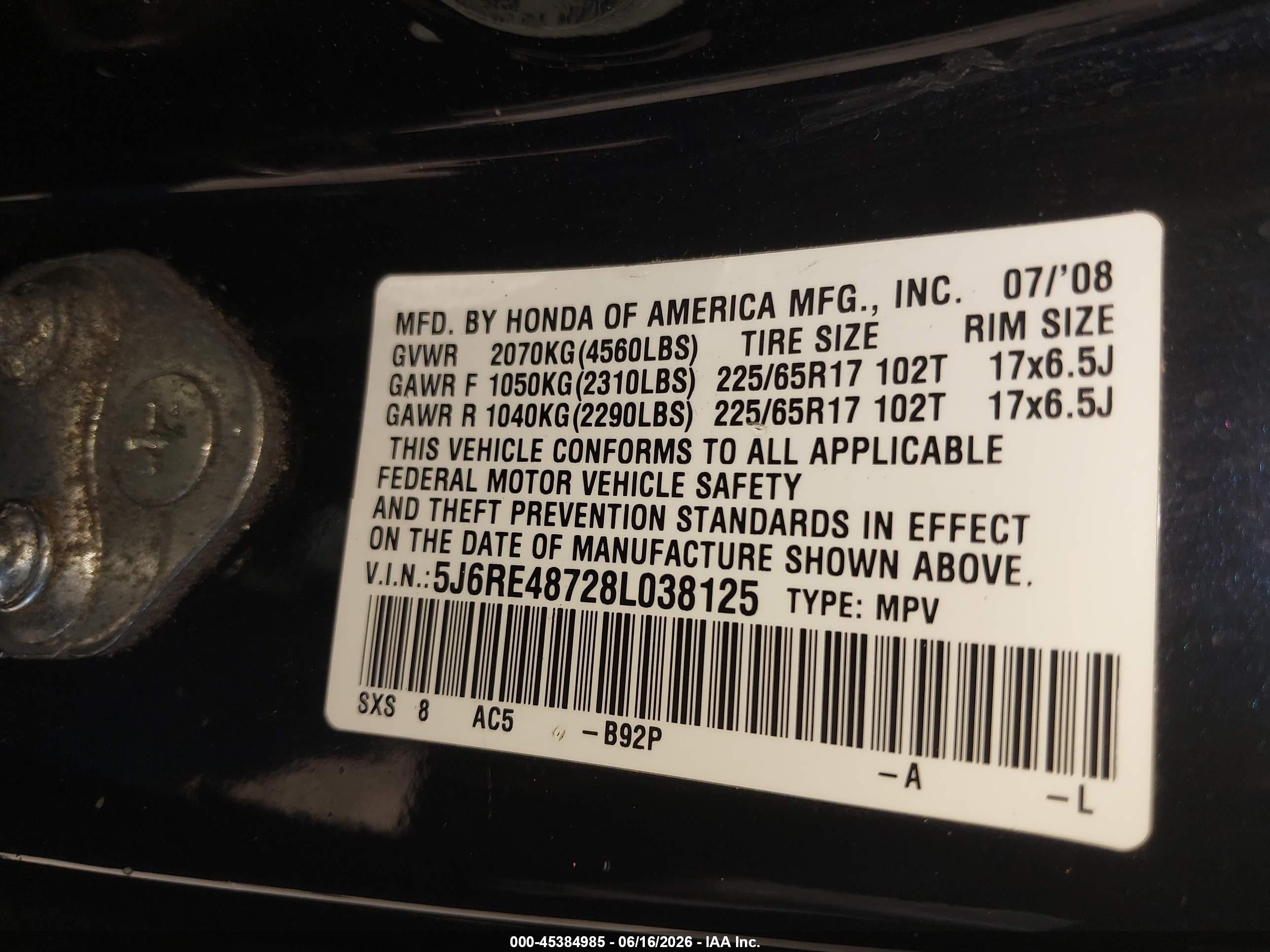 2008 Honda Cr-v Ex-l Black vin: 5J6RE48728L038125