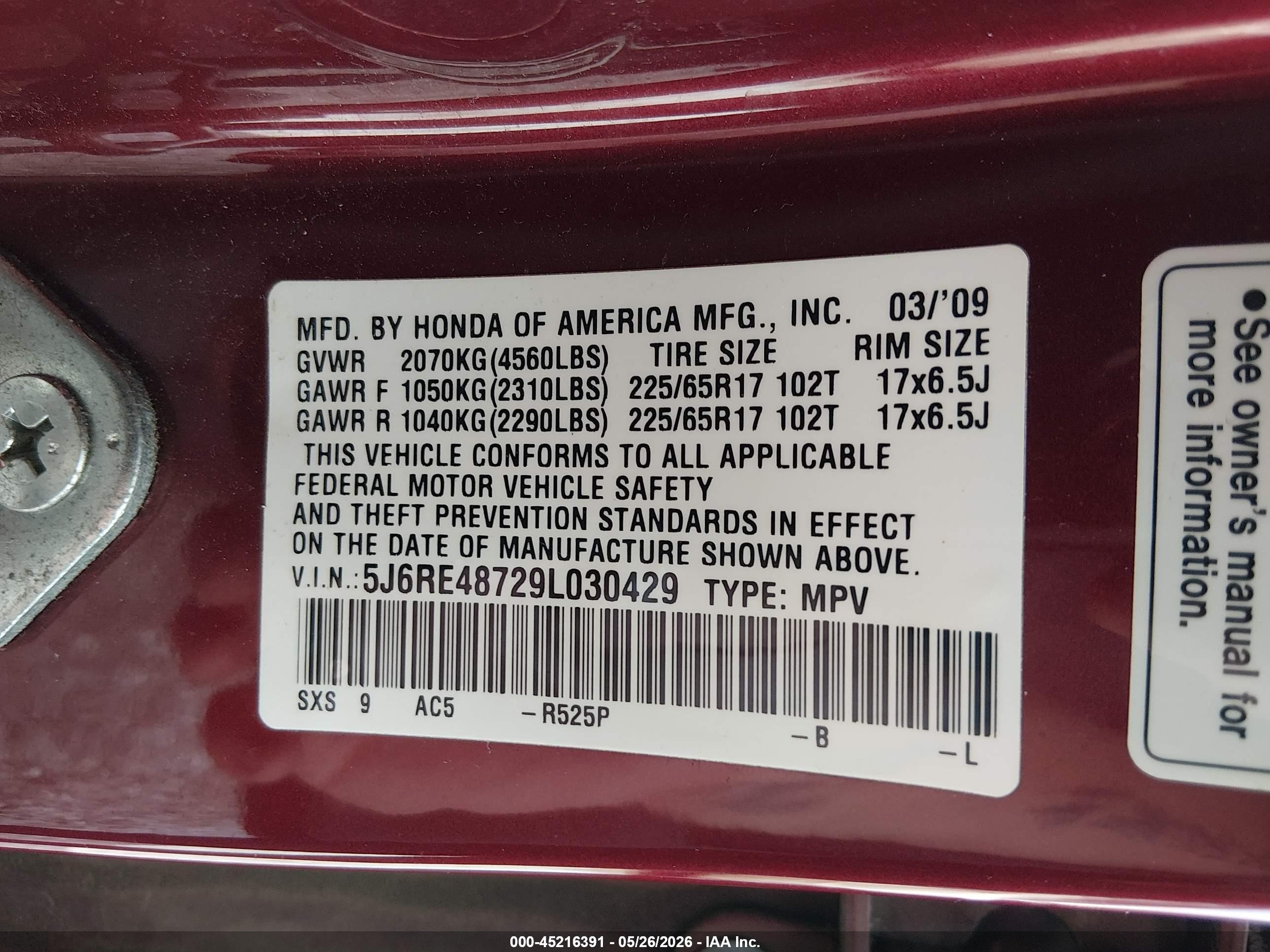 2009 Honda Cr-v Ex-l Maroon vin: 5J6RE48729L030429