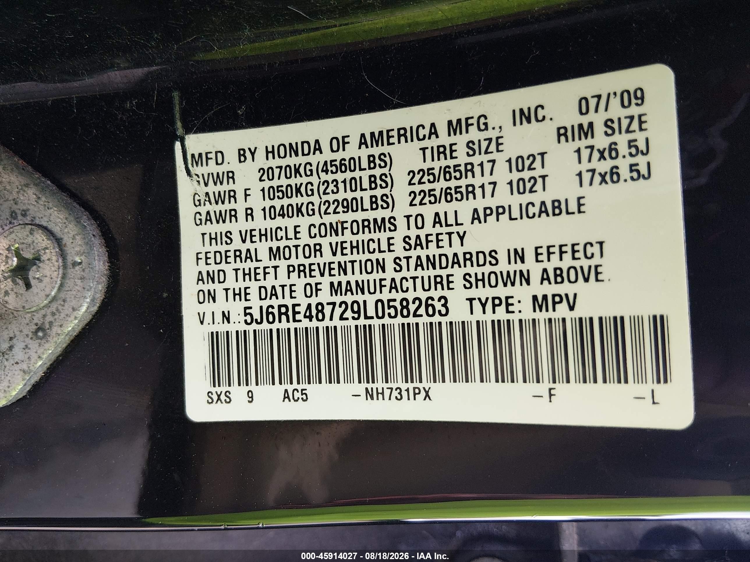 2009 Honda Cr-v Ex-l Black vin: 5J6RE48729L058263