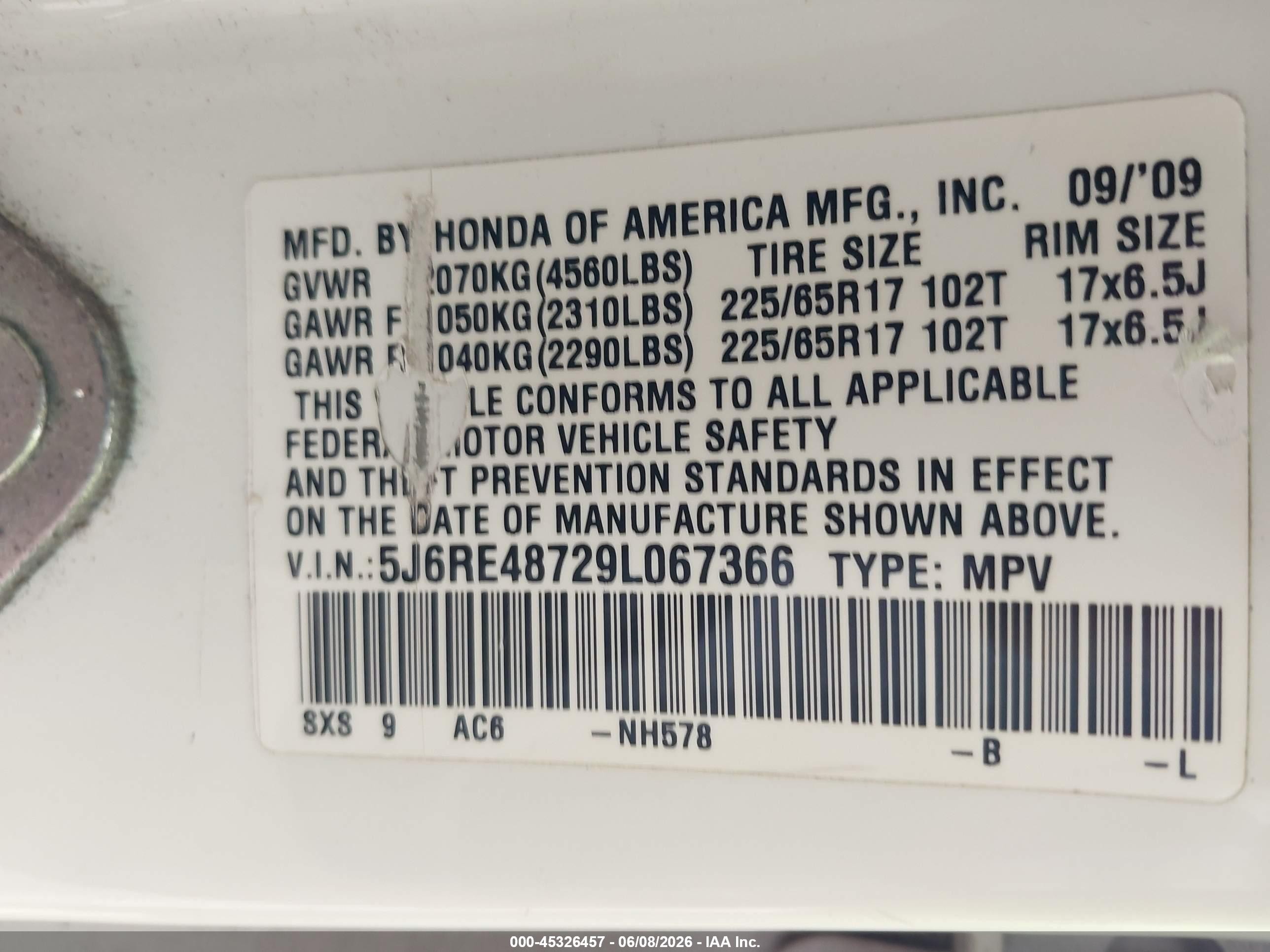 2009 Honda Cr-v Ex-l White vin: 5J6RE48729L067366