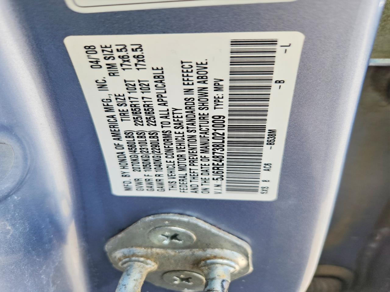 2008 Honda Cr-v Exl Blue vin: 5J6RE48738L021009