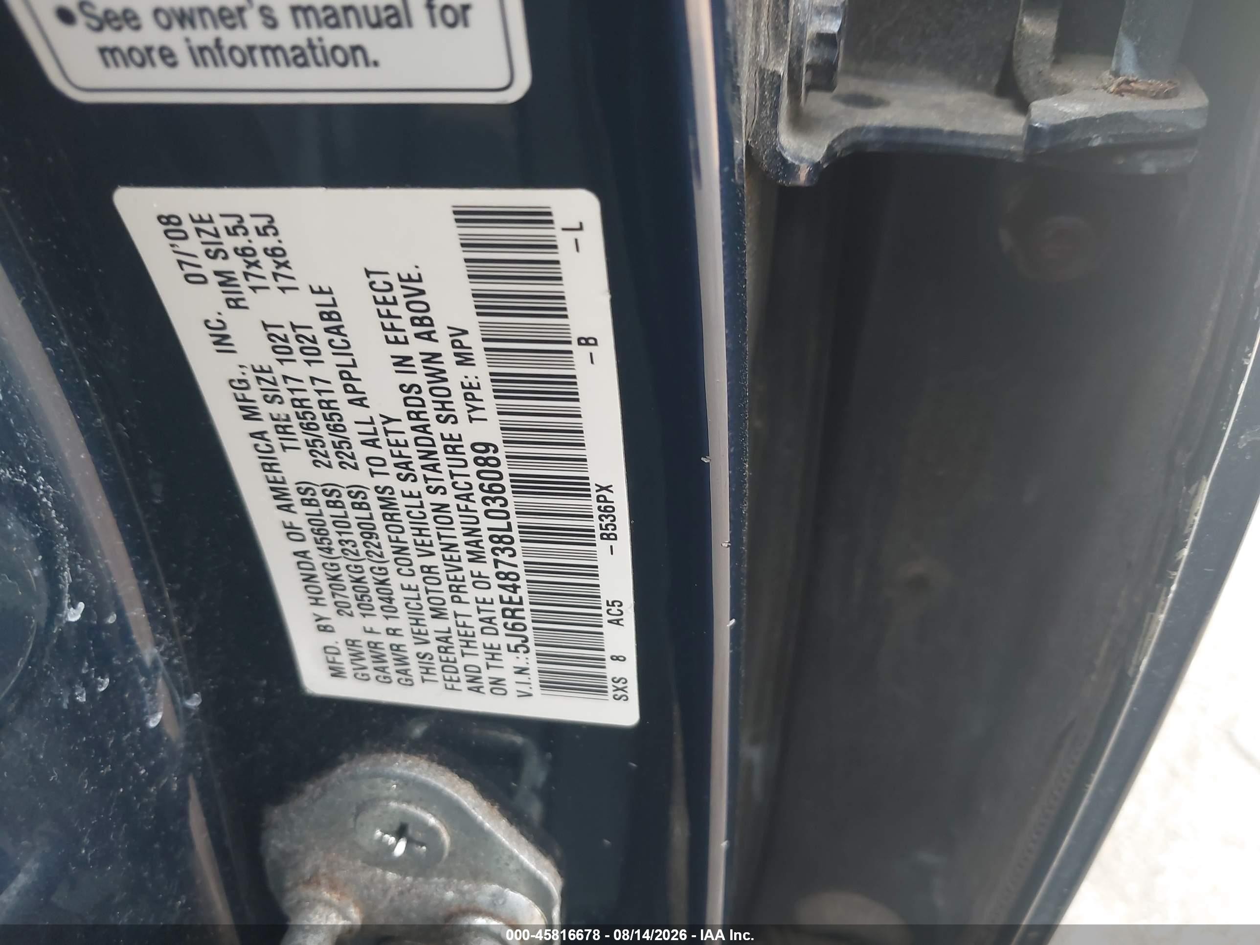 2008 Honda Cr-v Exl Dark Blue vin: 5J6RE48738L036089