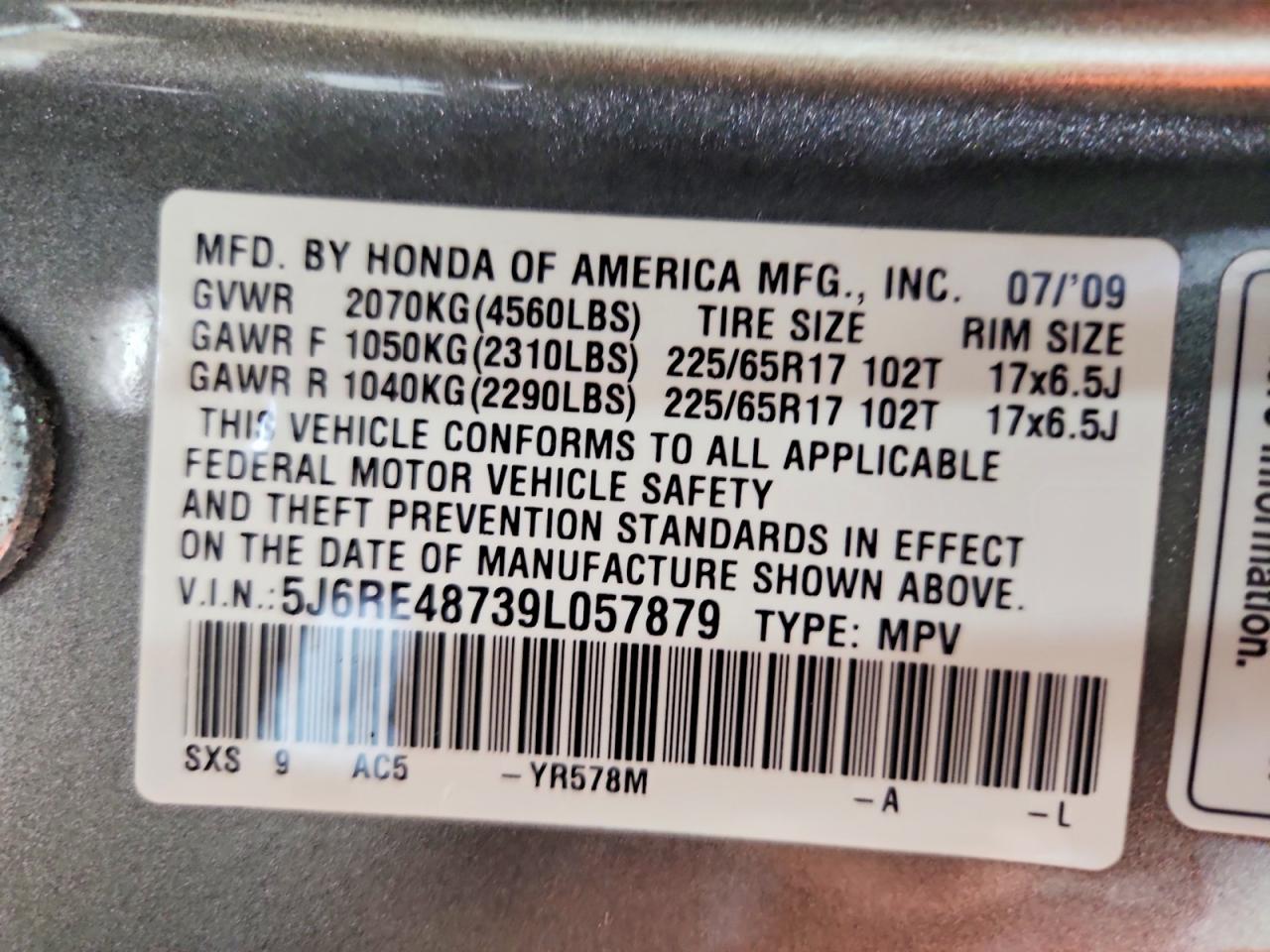2009 Honda Cr-v Exl Gold vin: 5J6RE48739L057879