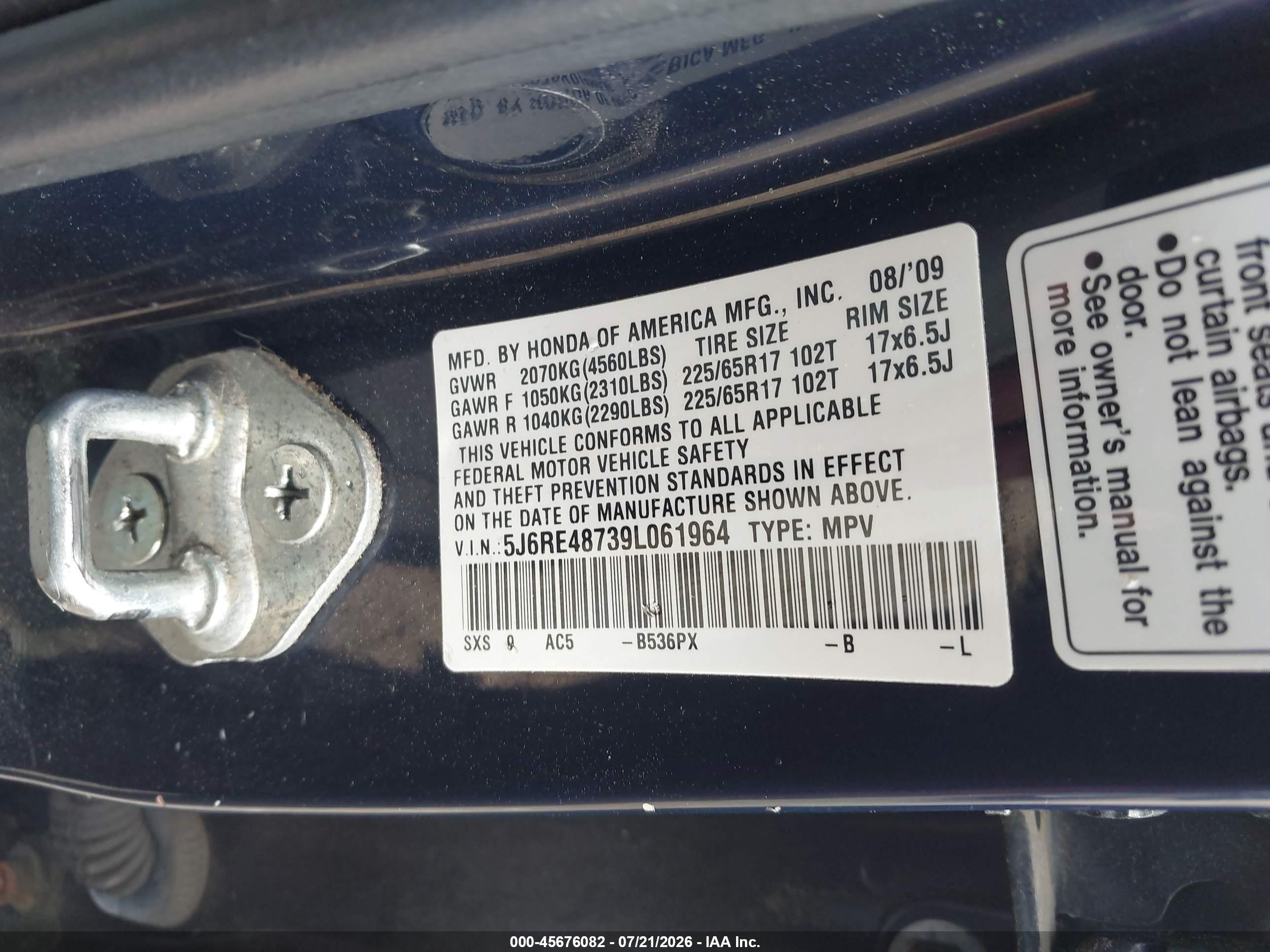 2009 Honda Cr-v Ex-l Blue vin: 5J6RE48739L061964