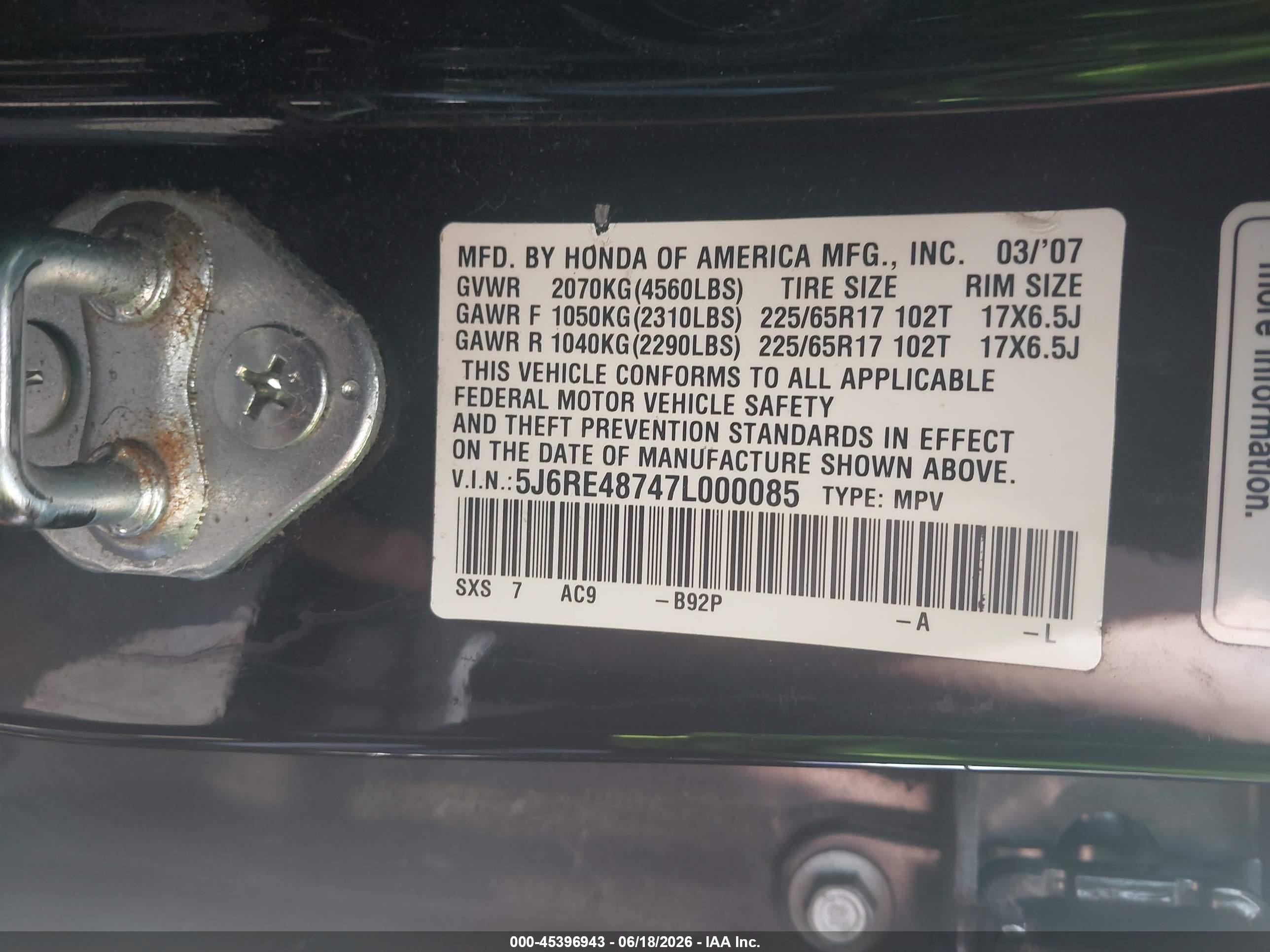2007 Honda Cr-v Ex-l Black vin: 5J6RE48747L000085
