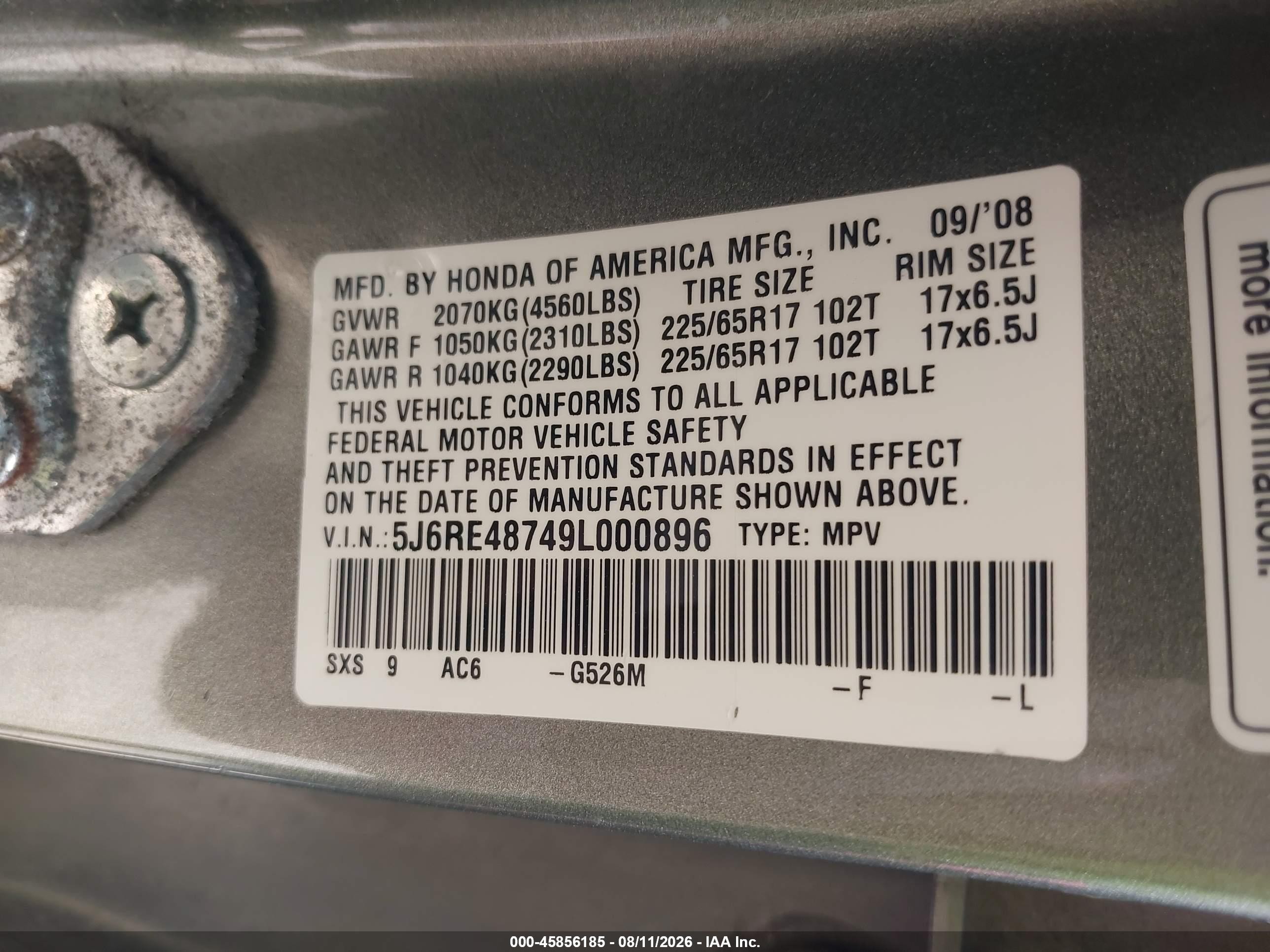 2009 Honda Cr-v Exl Green vin: 5J6RE48749L000896