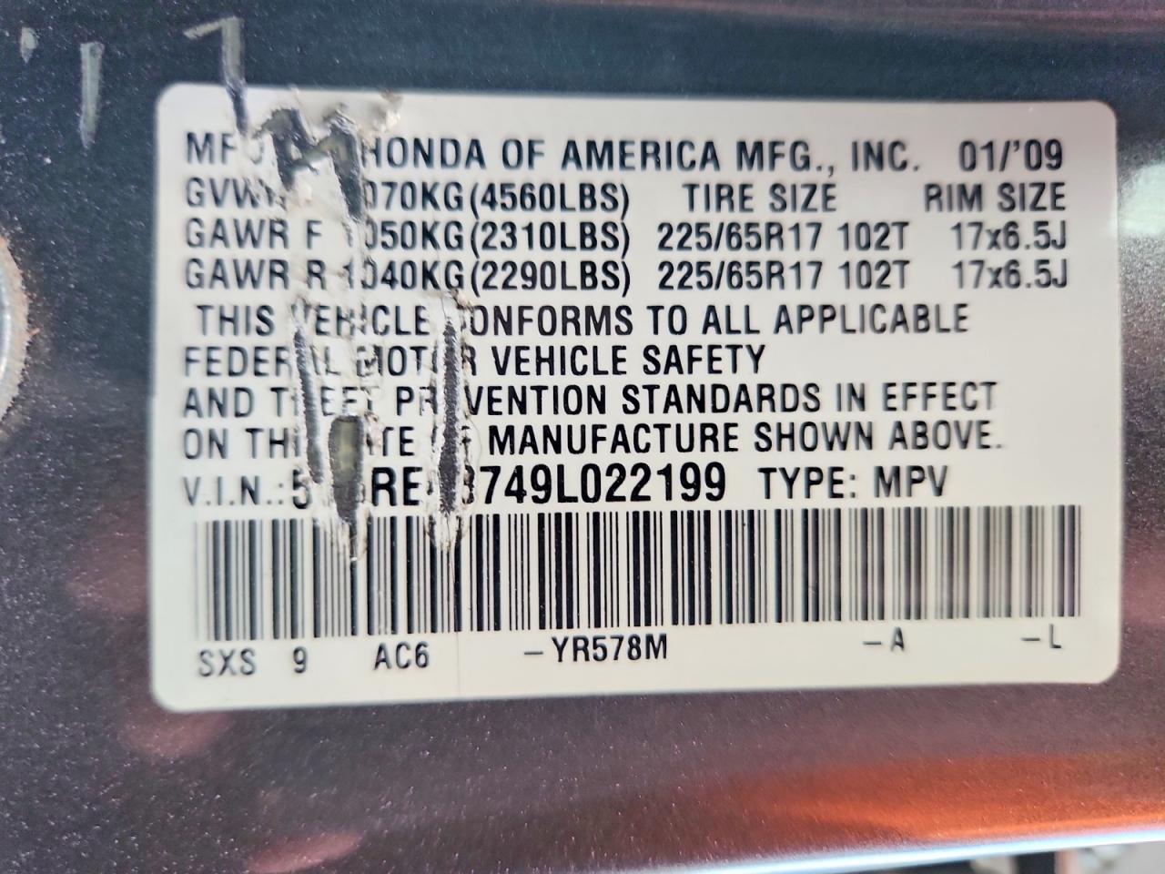 2009 Honda Cr-v Exl Gray vin: 5J6RE48749L022199
