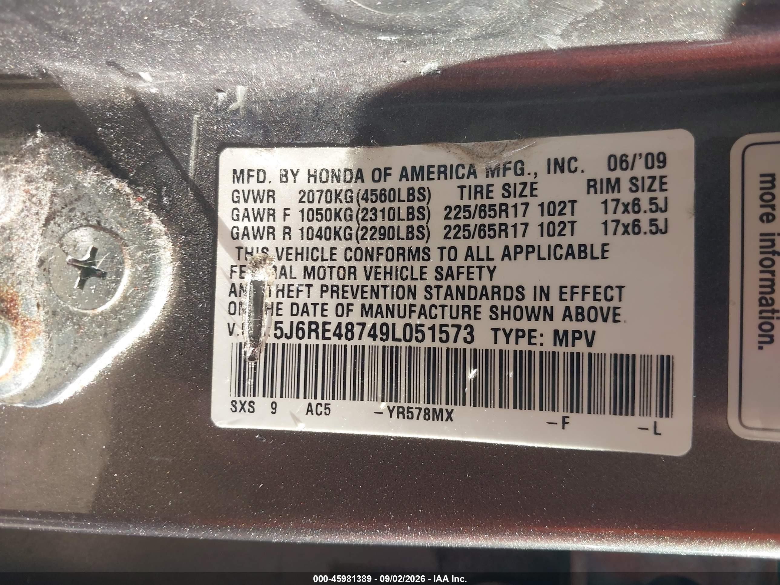 2009 Honda Cr-v Ex-l Серый vin: 5J6RE48749L051573