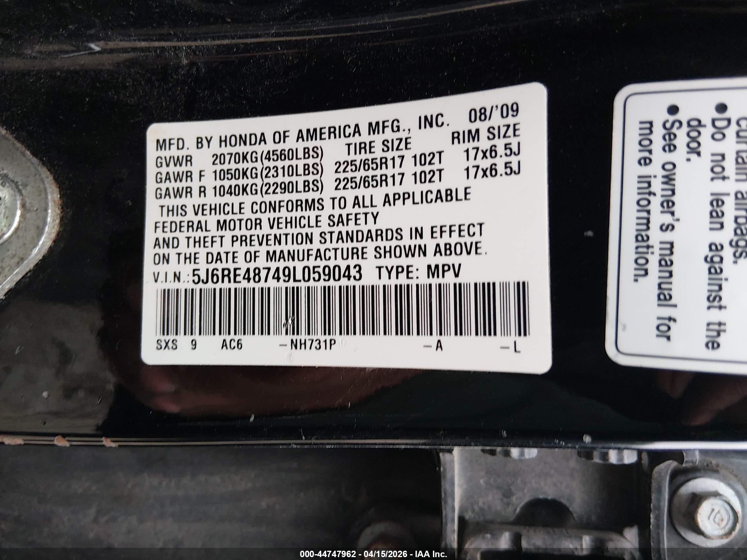 2009 Honda Cr-v Ex-l Black vin: 5J6RE48749L059043