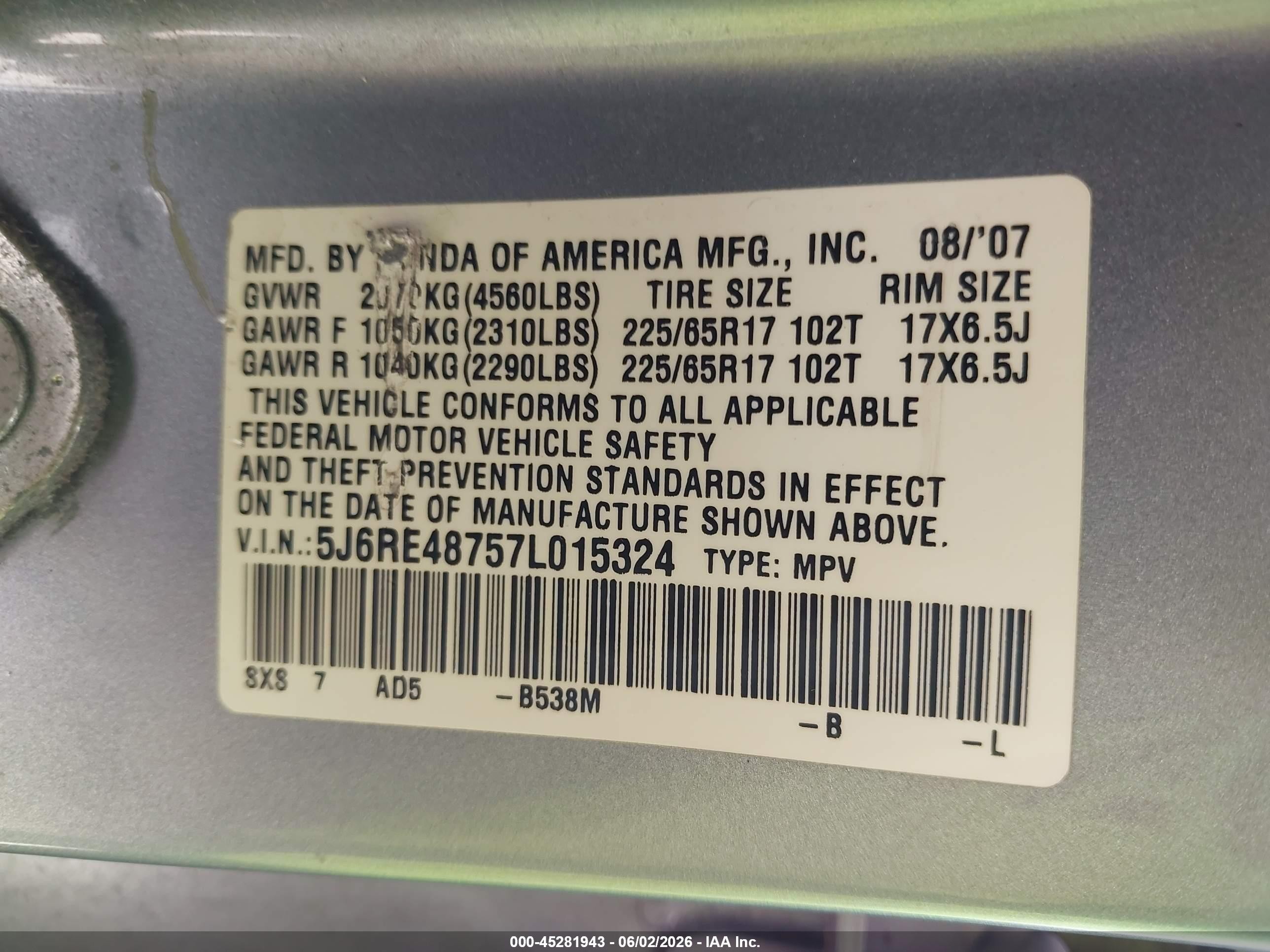 2007 Honda Cr-v Ex-l Light Blue vin: 5J6RE48757L015324