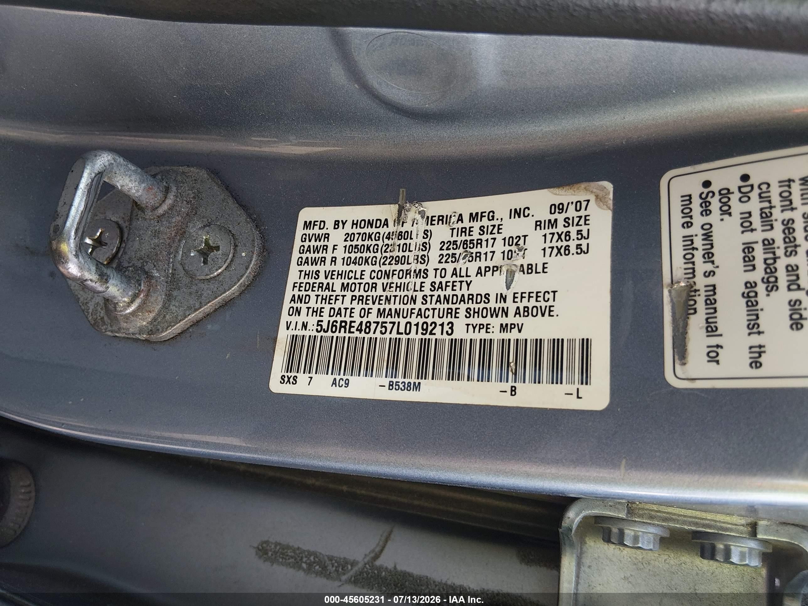 2007 Honda Cr-v Ex-l Синий vin: 5J6RE48757L019213